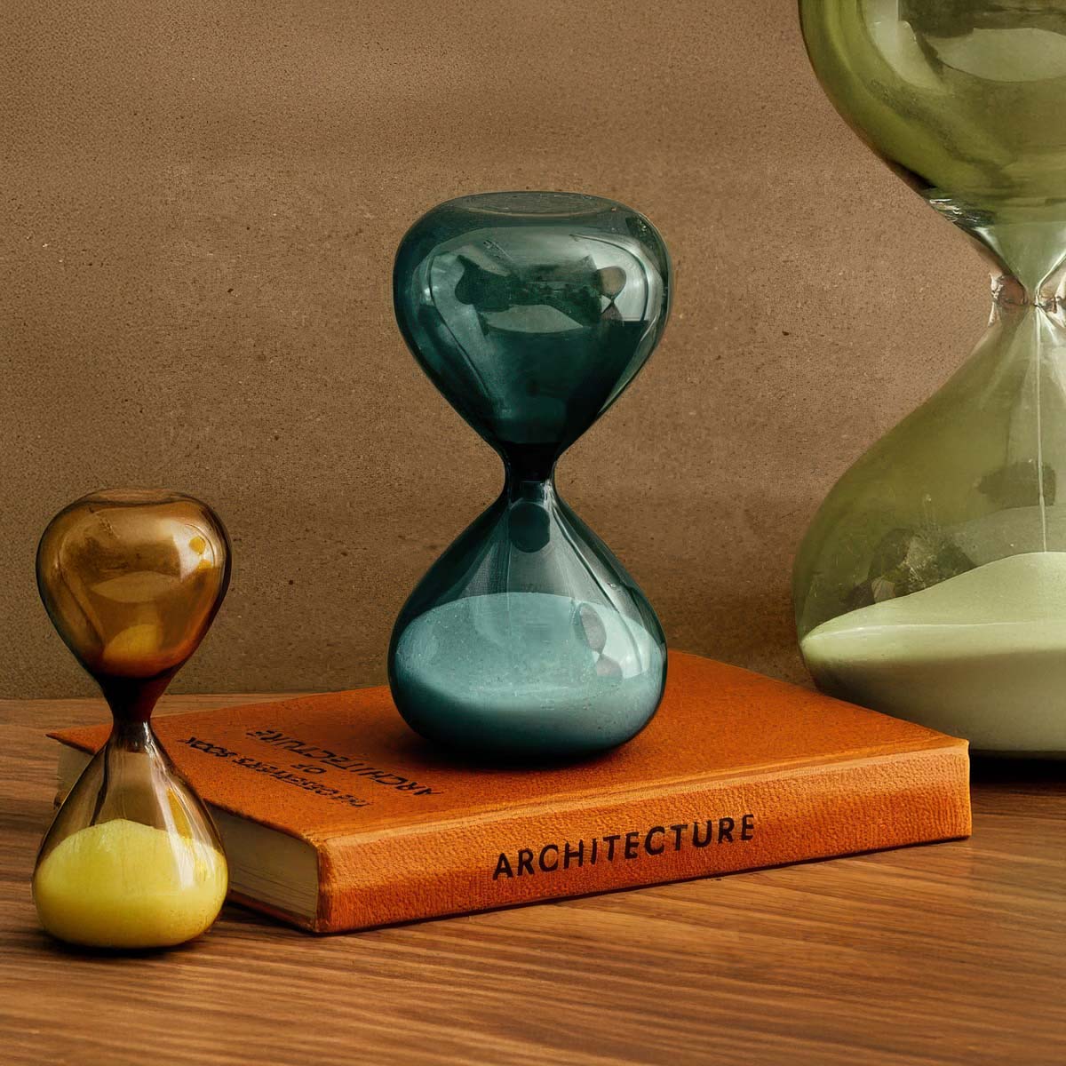 Three colorful hourglasses on a book with a brown background
