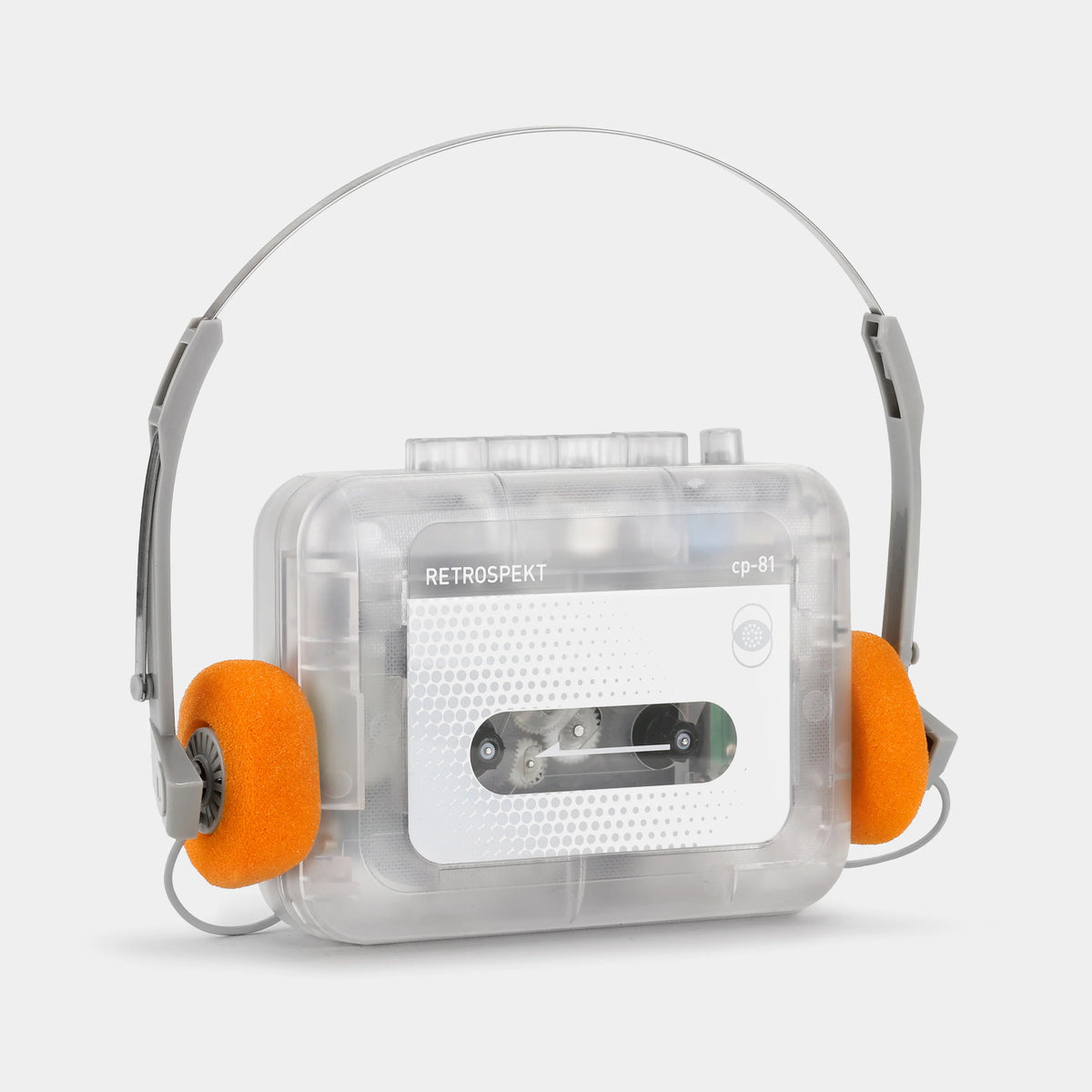 Clear portable cassette player with orange earpieces on a white background