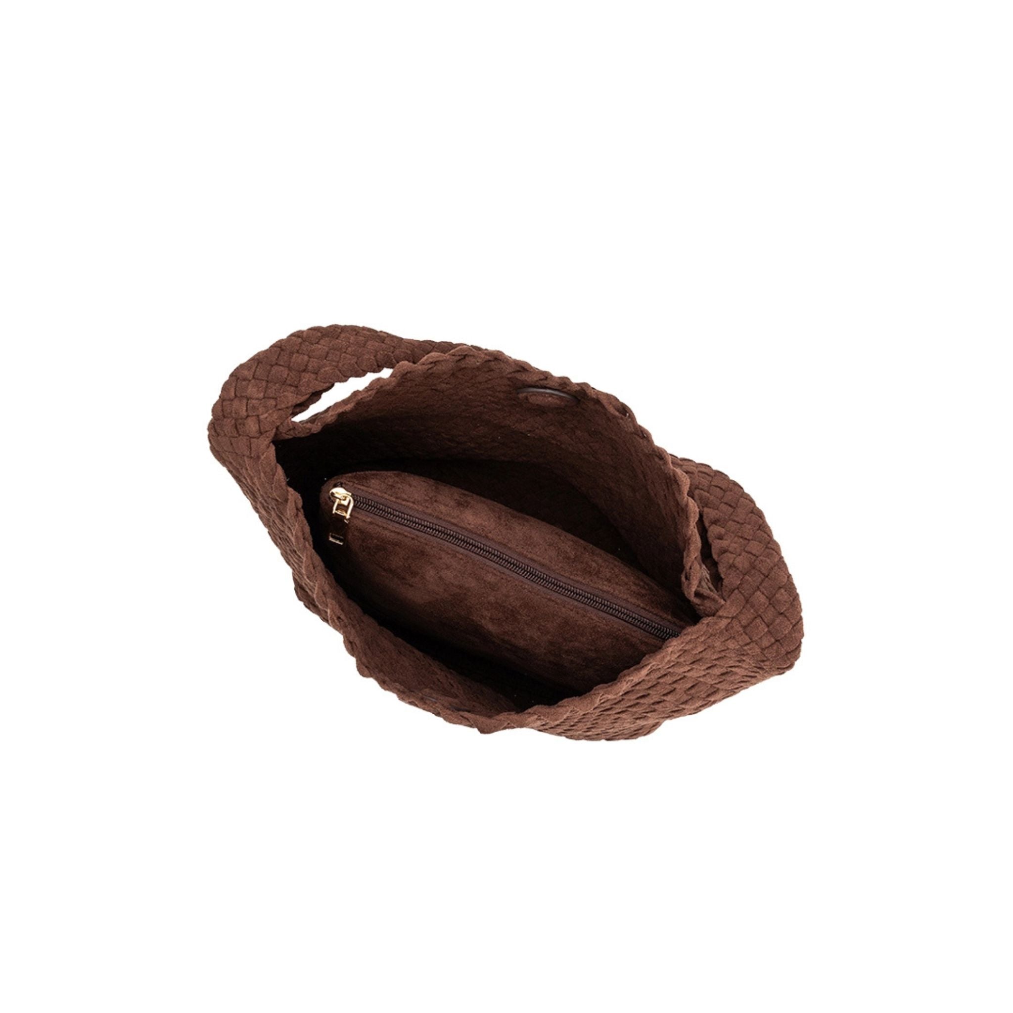 Top view of Johanna vegan suede in tobacco handbag on a white background