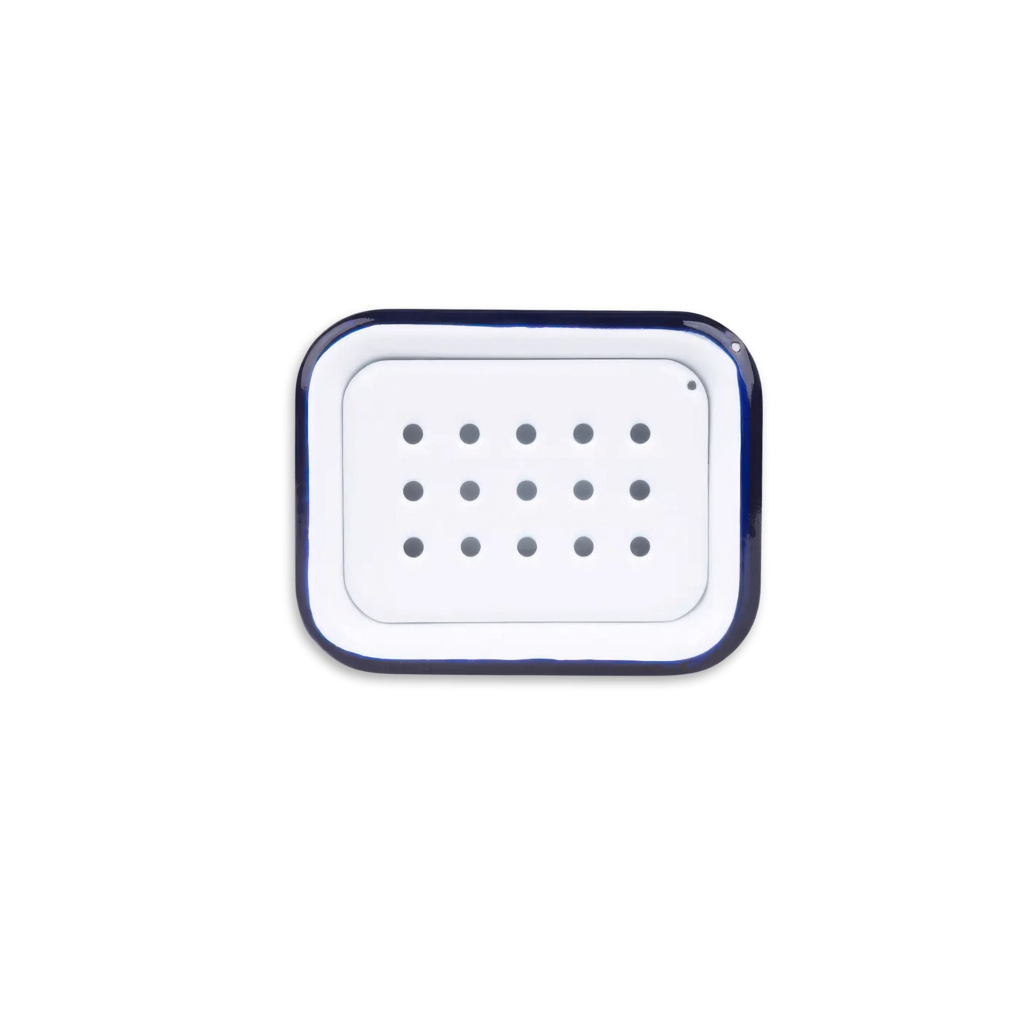 White soap dish with blue rim on a white background