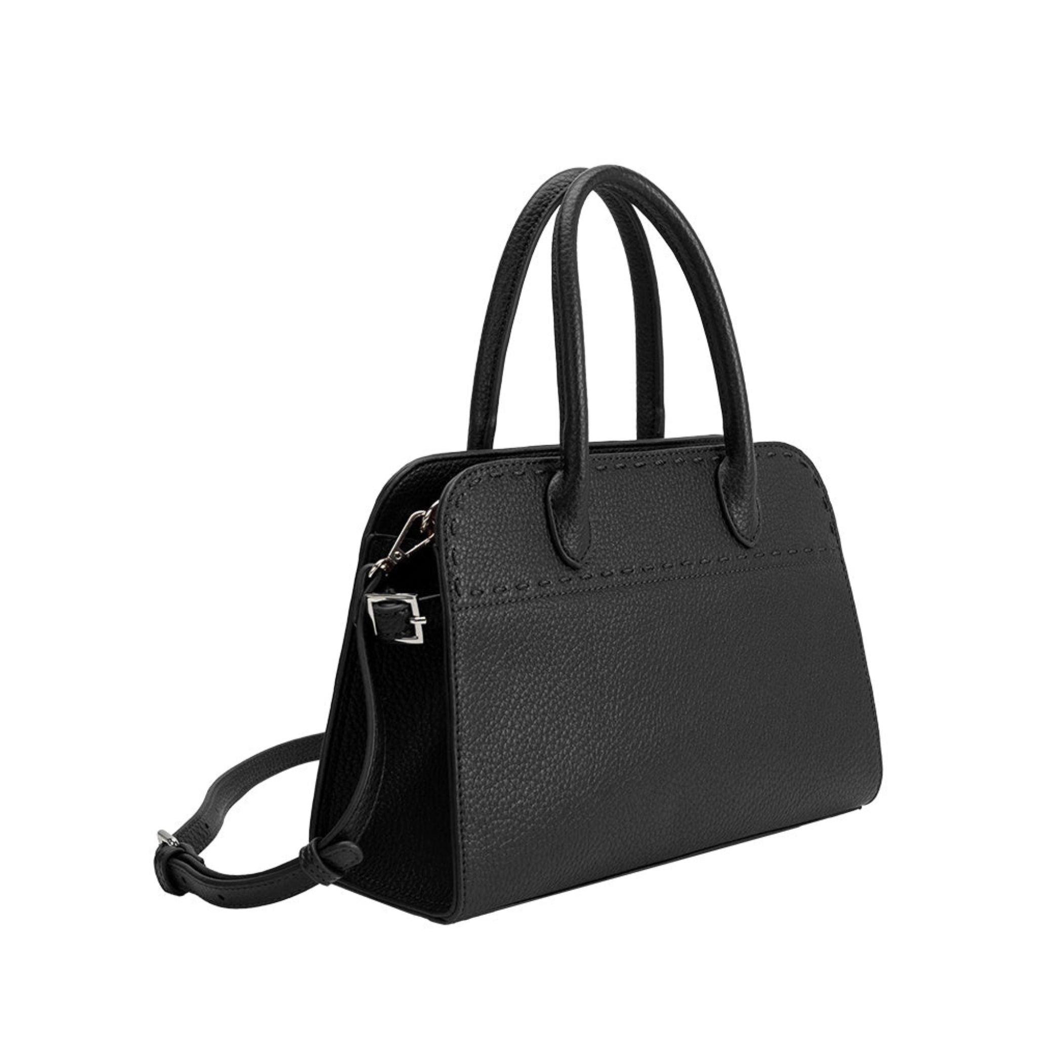 Black handbag with a strap on a white background