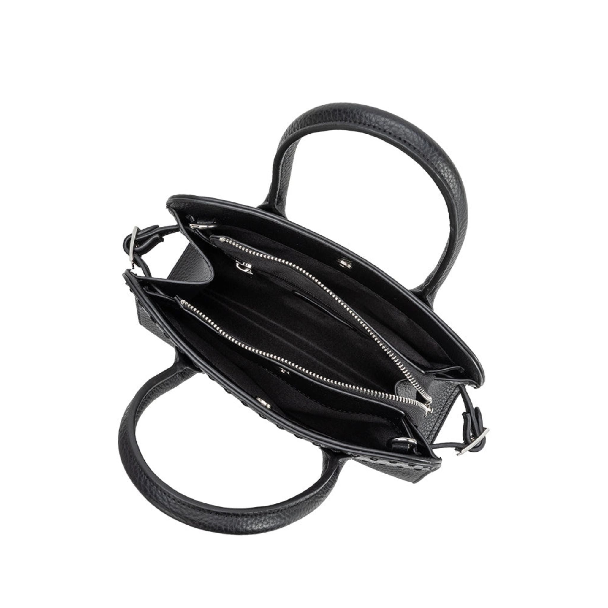 Black handbag with open front compartment on a white background