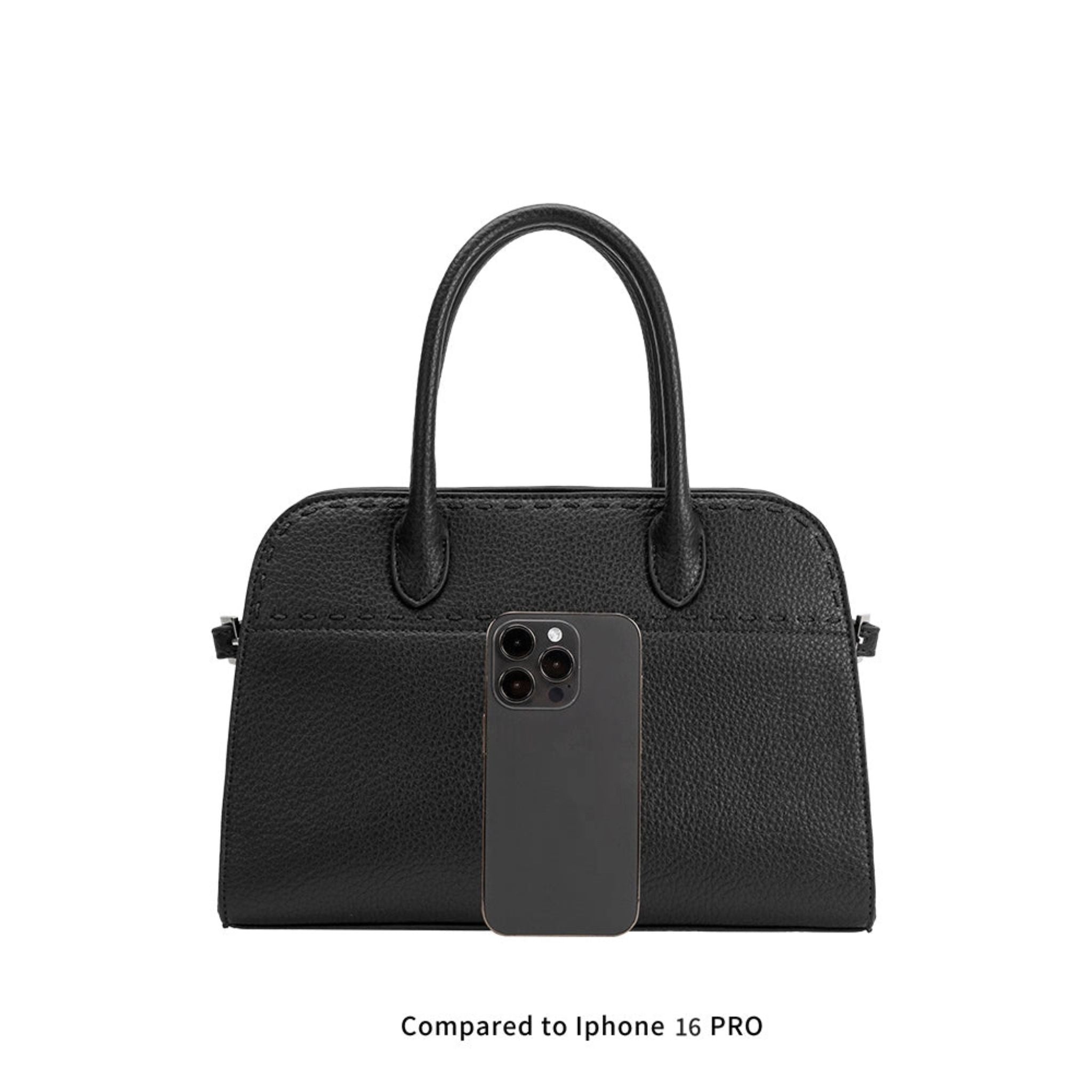 Black handbag with a phone case on a white background