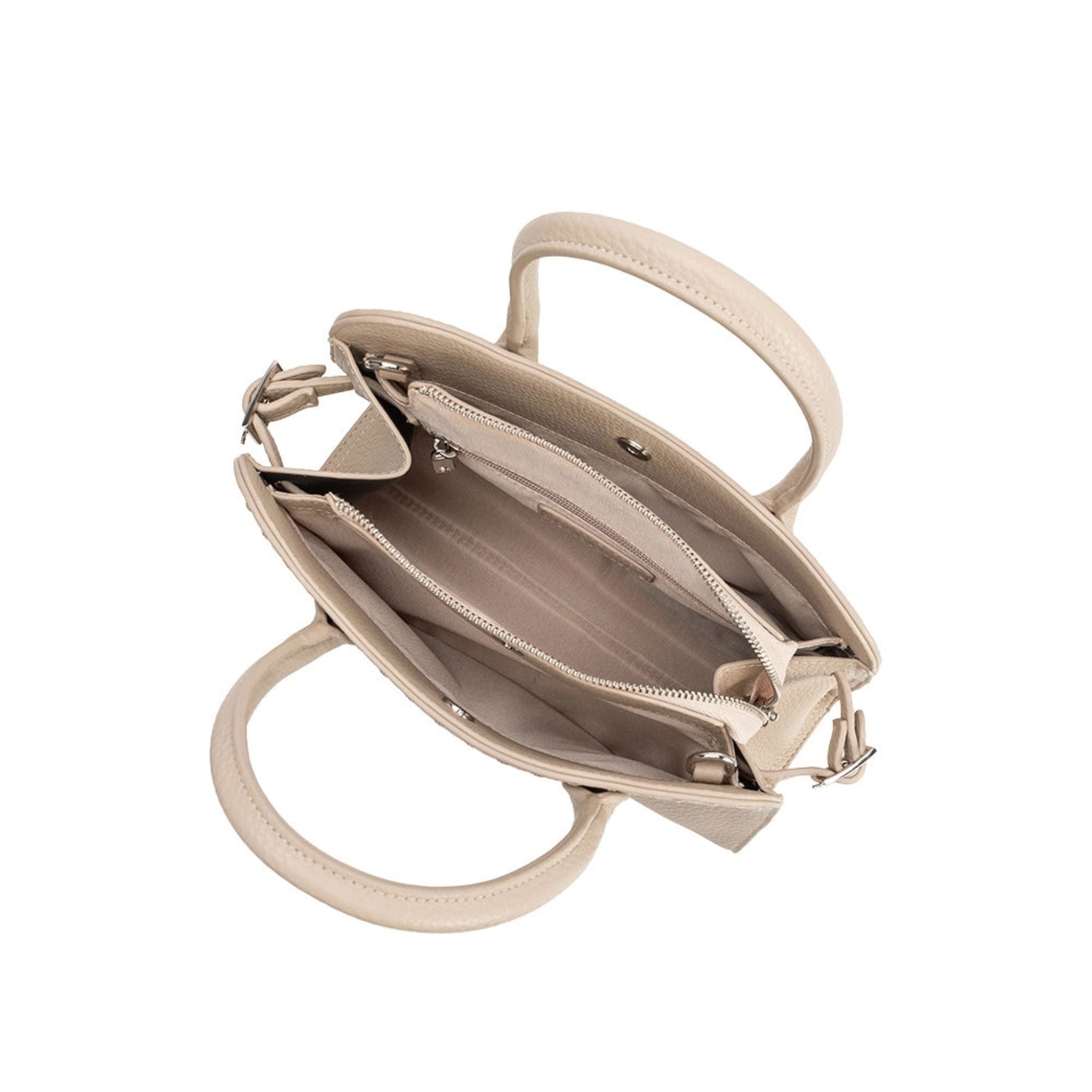 Beige handbag with open top and visible interior on a white background