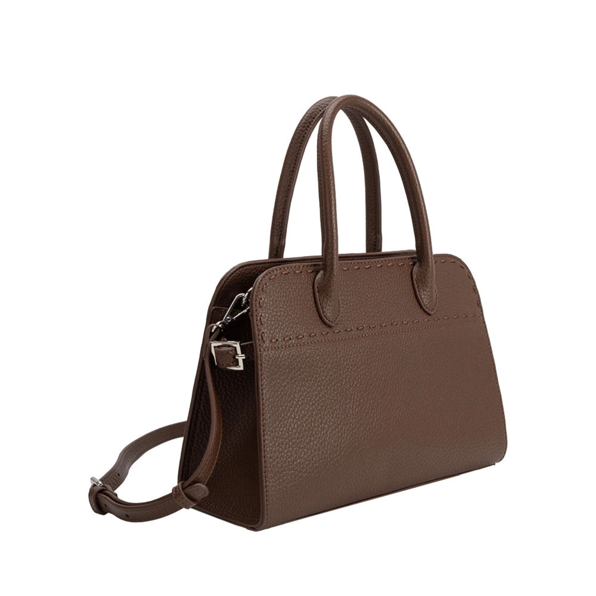 Brown handbag with a shoulder strap on a white background