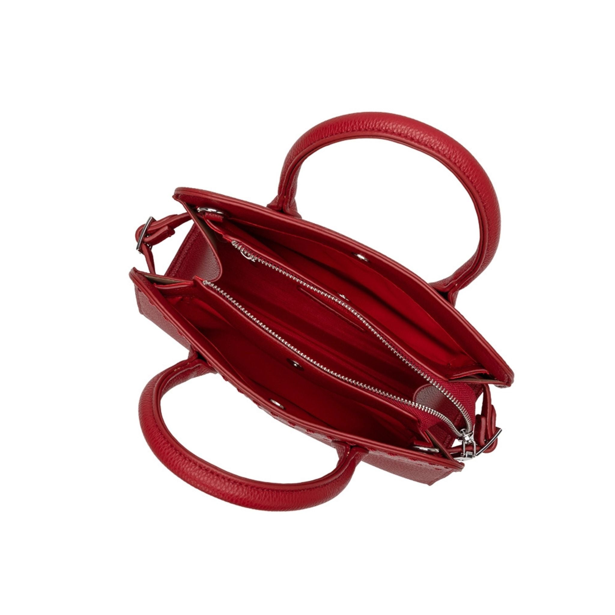 Red handbag with open compartment on a white background