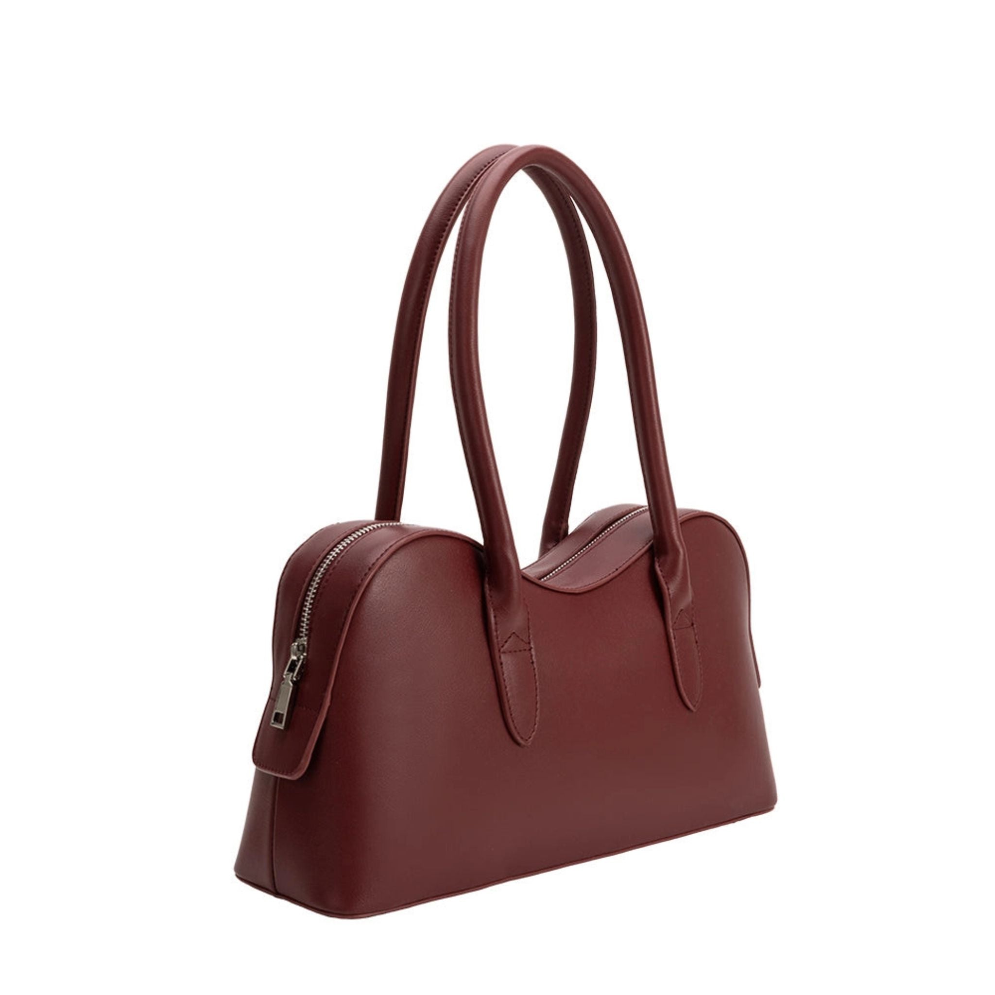 Burgundy handbag with a visible zipper on a white background