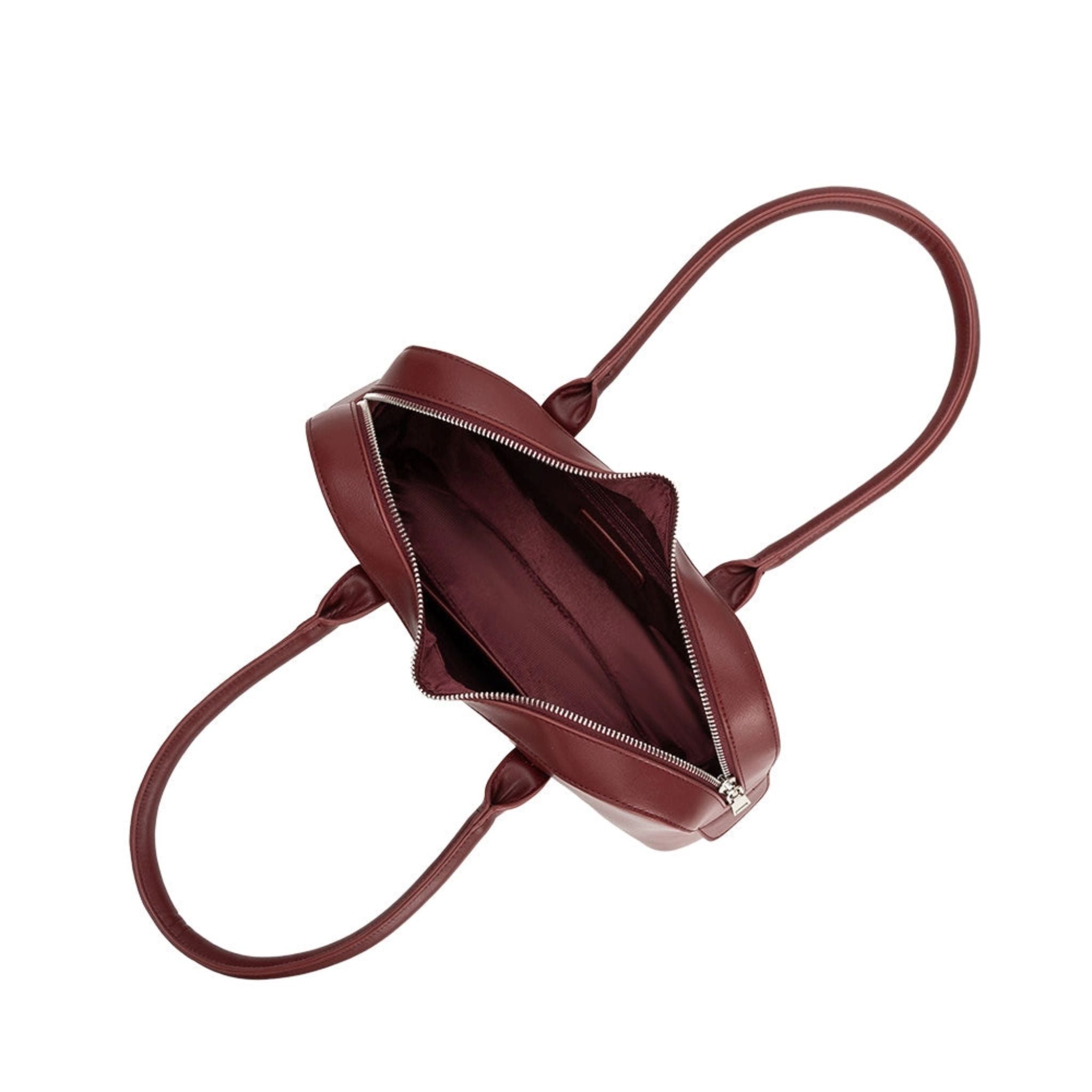 Burgundy handbag with a shoulder strap on a white background