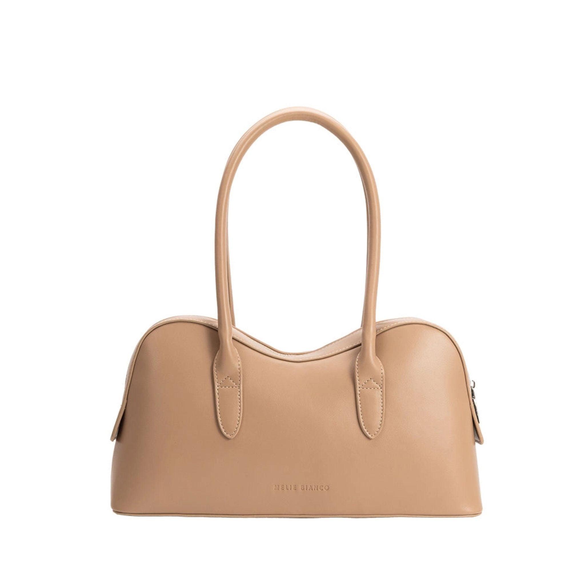 Beige handbag with a visible brand logo on a white background