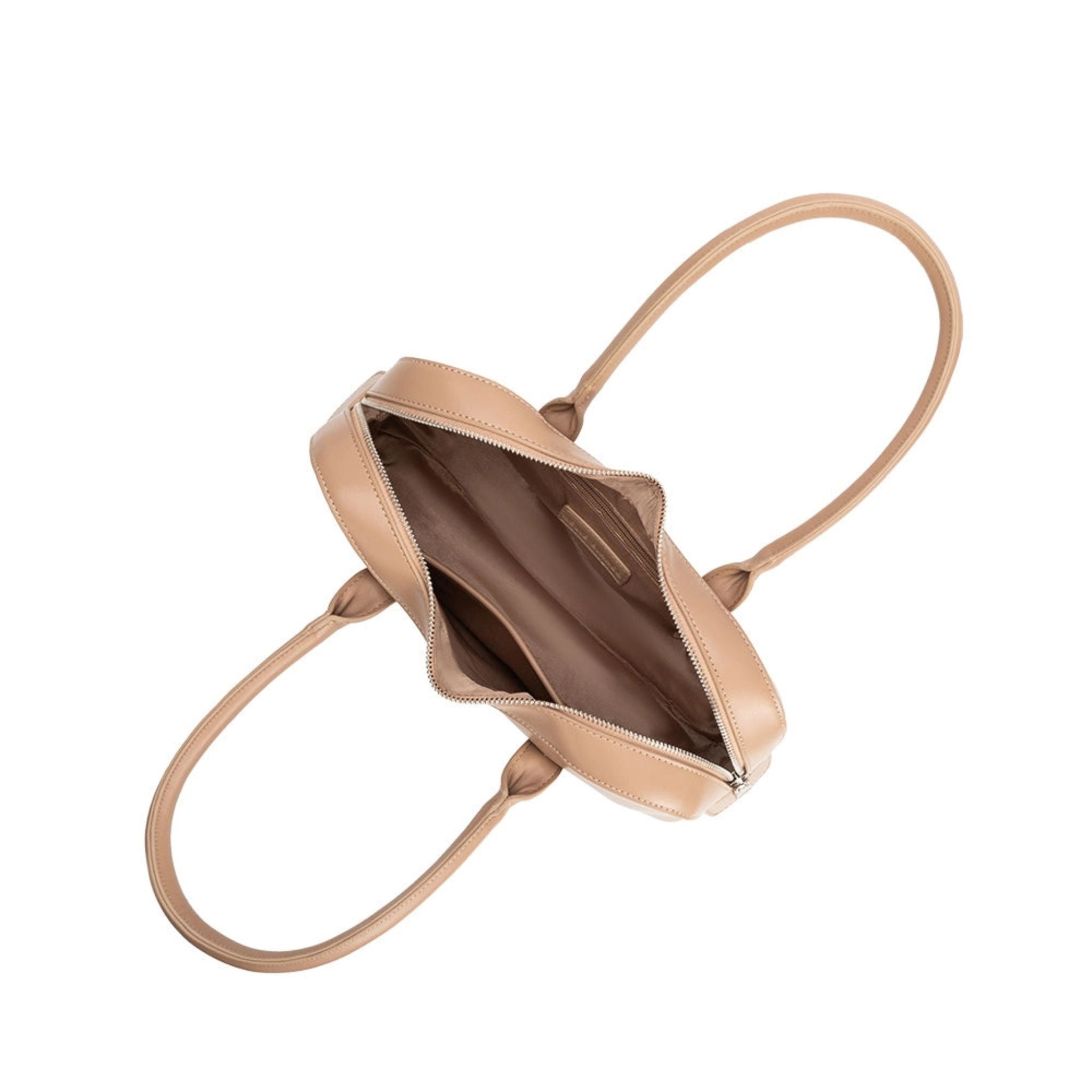 Beige handbag with a shoulder strap on a white background