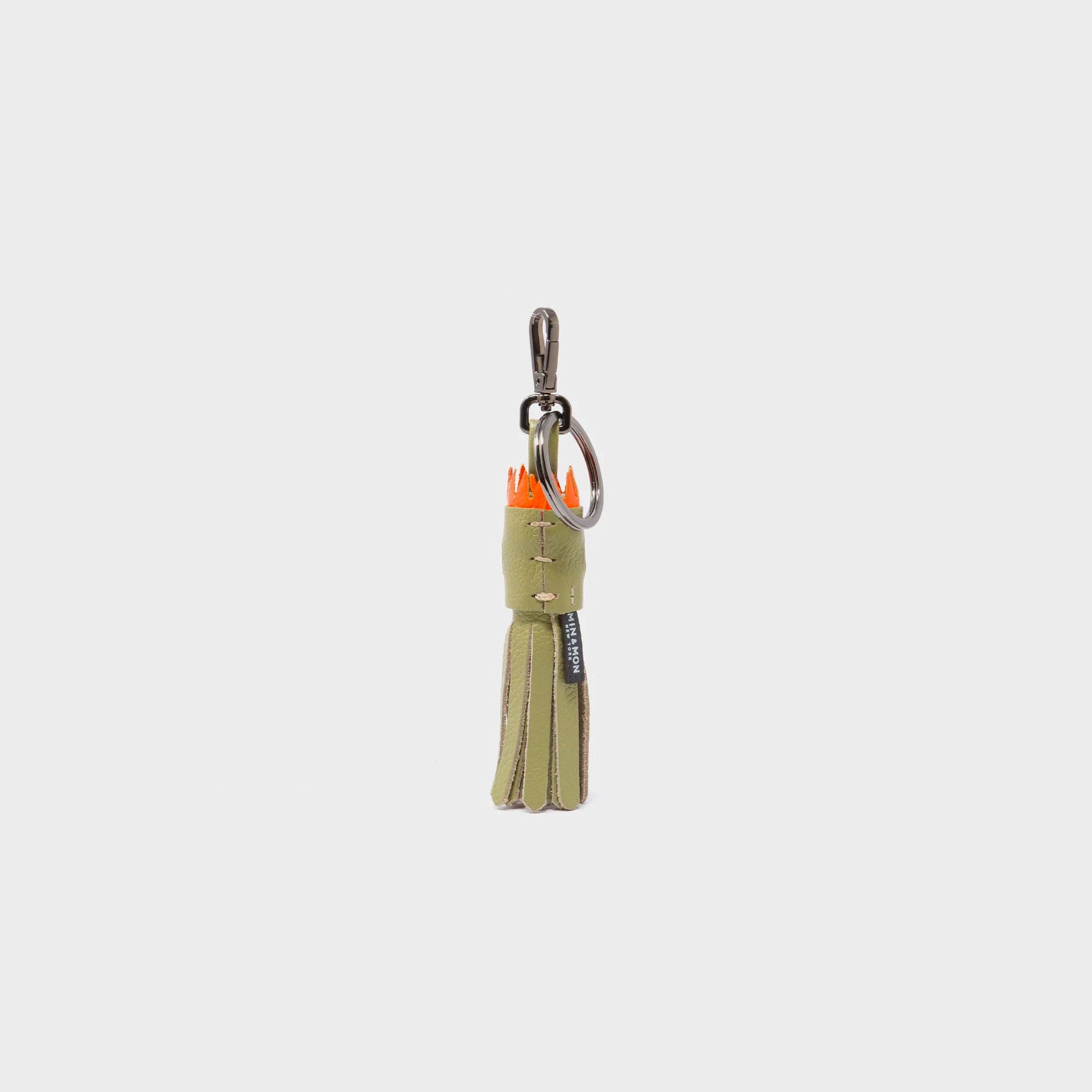 Back of Min & Mon's Markets - Queen Callie Marie Charm - Moss Green Leather Keychain on a white background