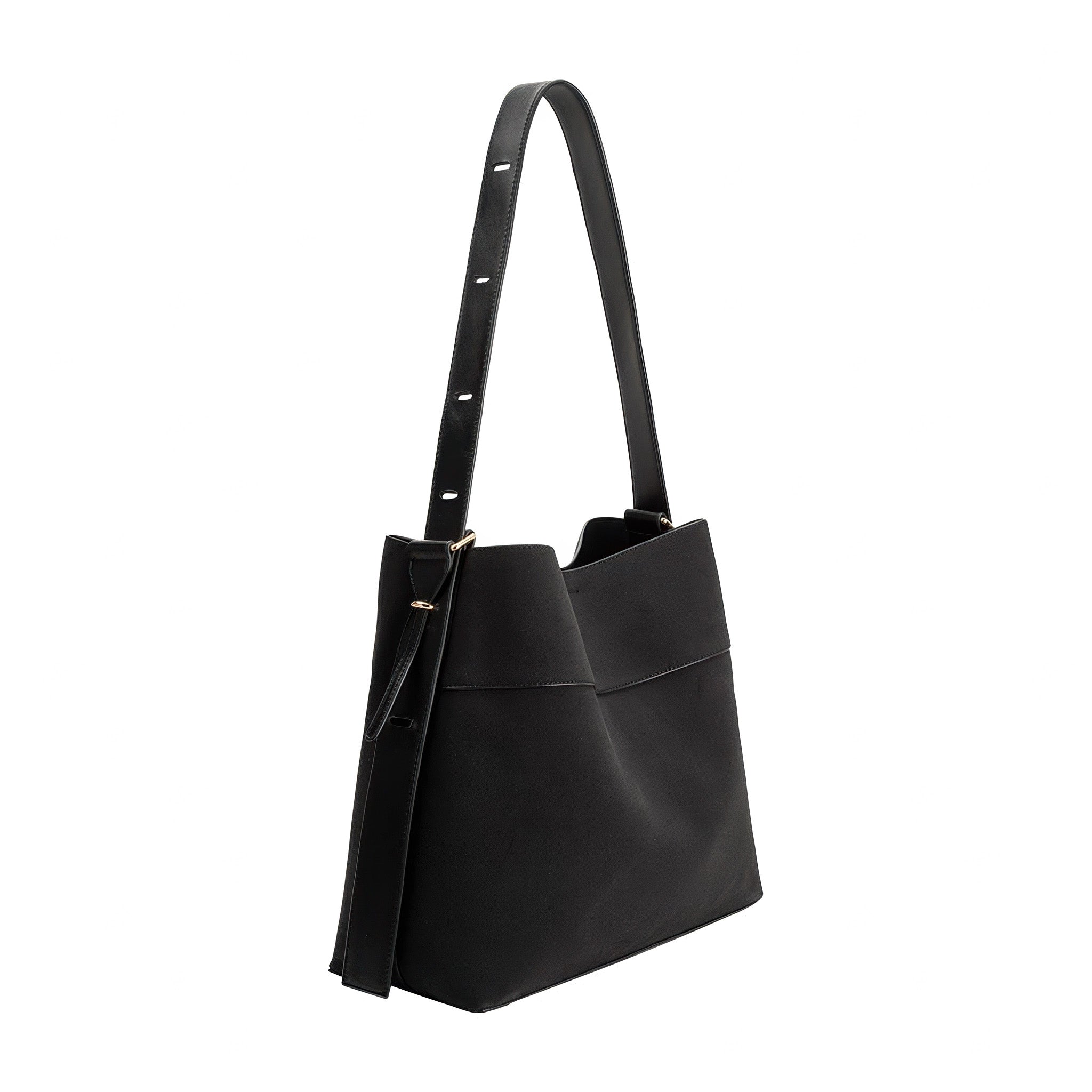 Melie Bianco's Stormie Recycled Vegan Suede Tote in black on a white background