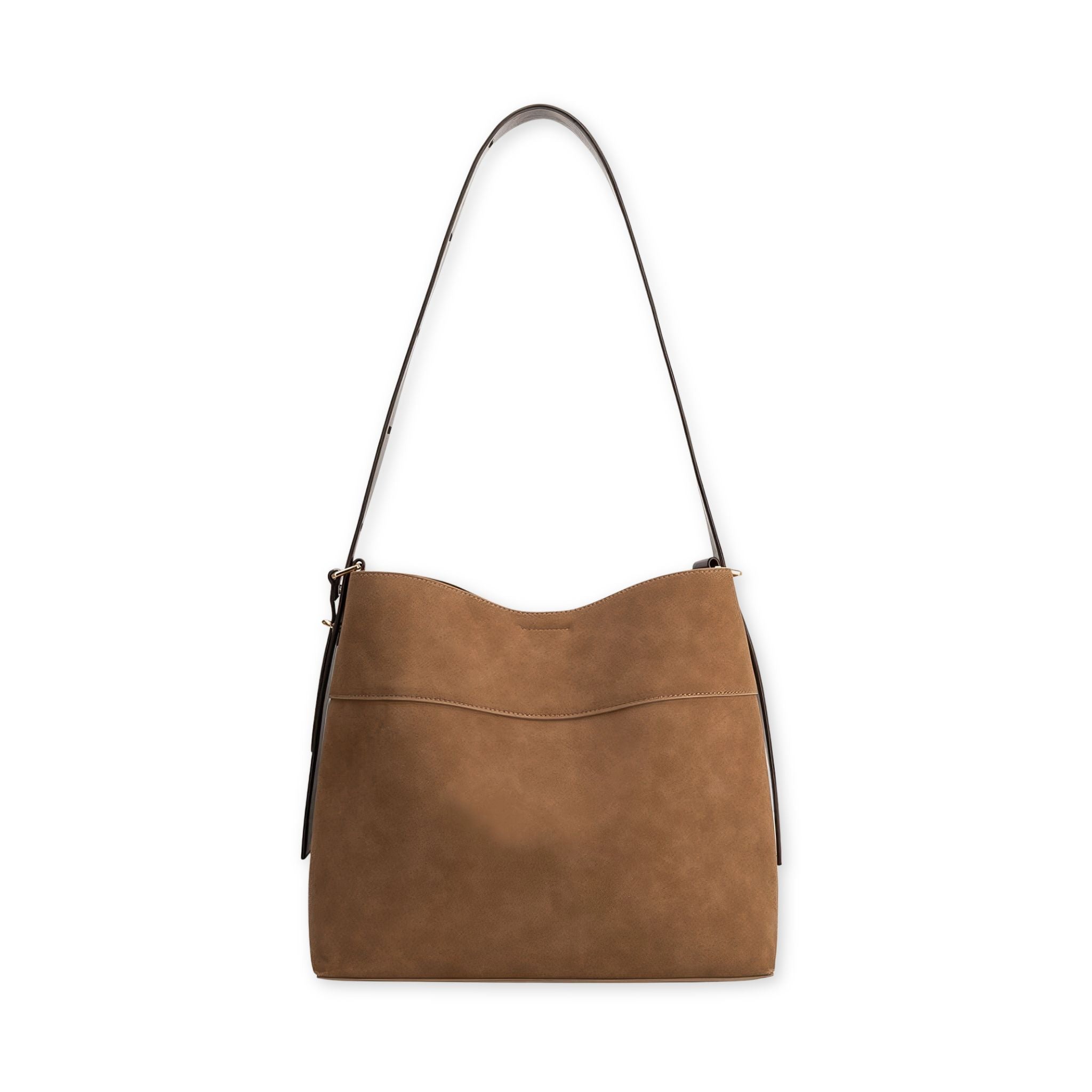 Melie Bianco's Stormie Recycled Vegan Suede Tote in mocha on a white background