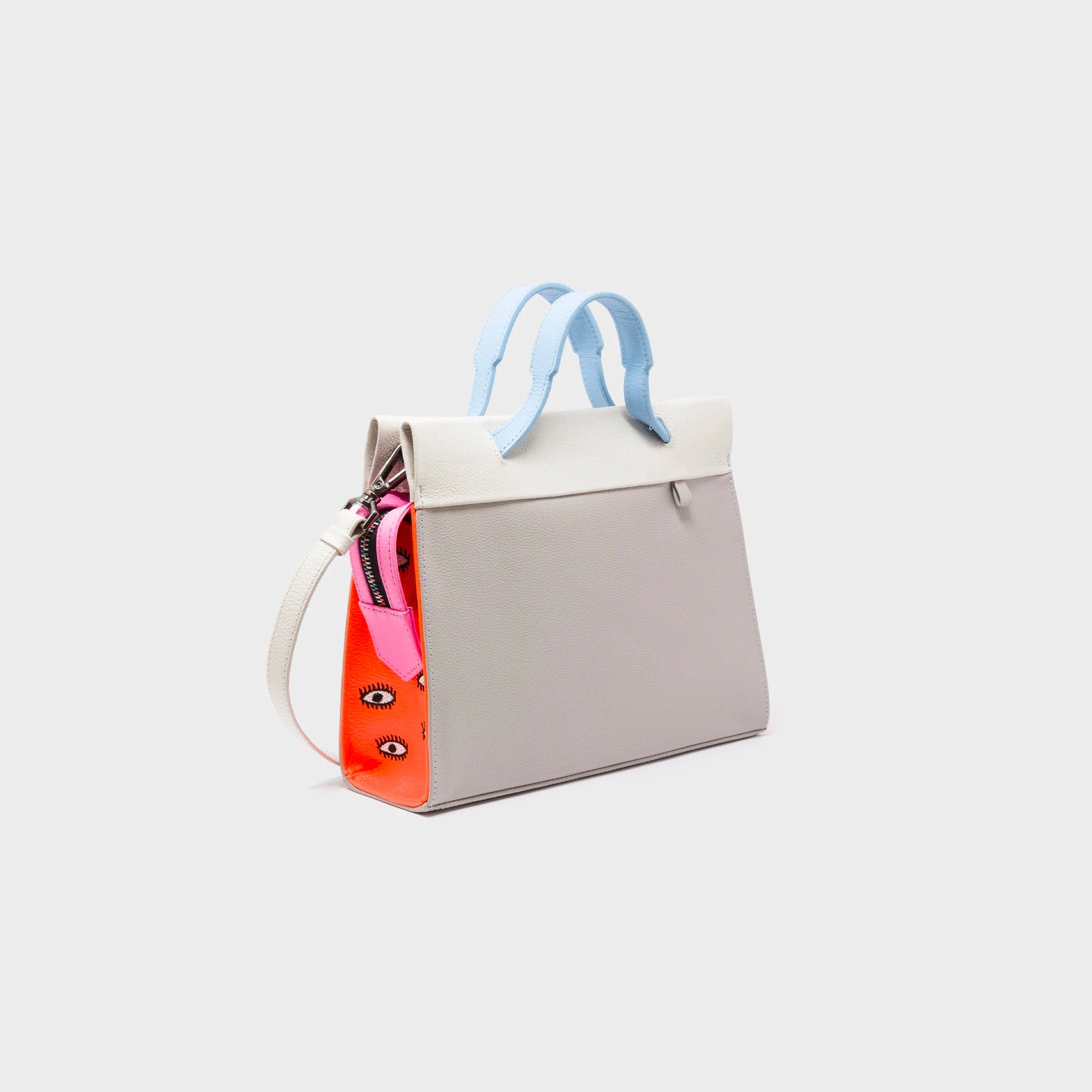 Min & Mon's Vali Crossbody Small Gray Leather Bag - All Over Eyes Embroidery with handles up