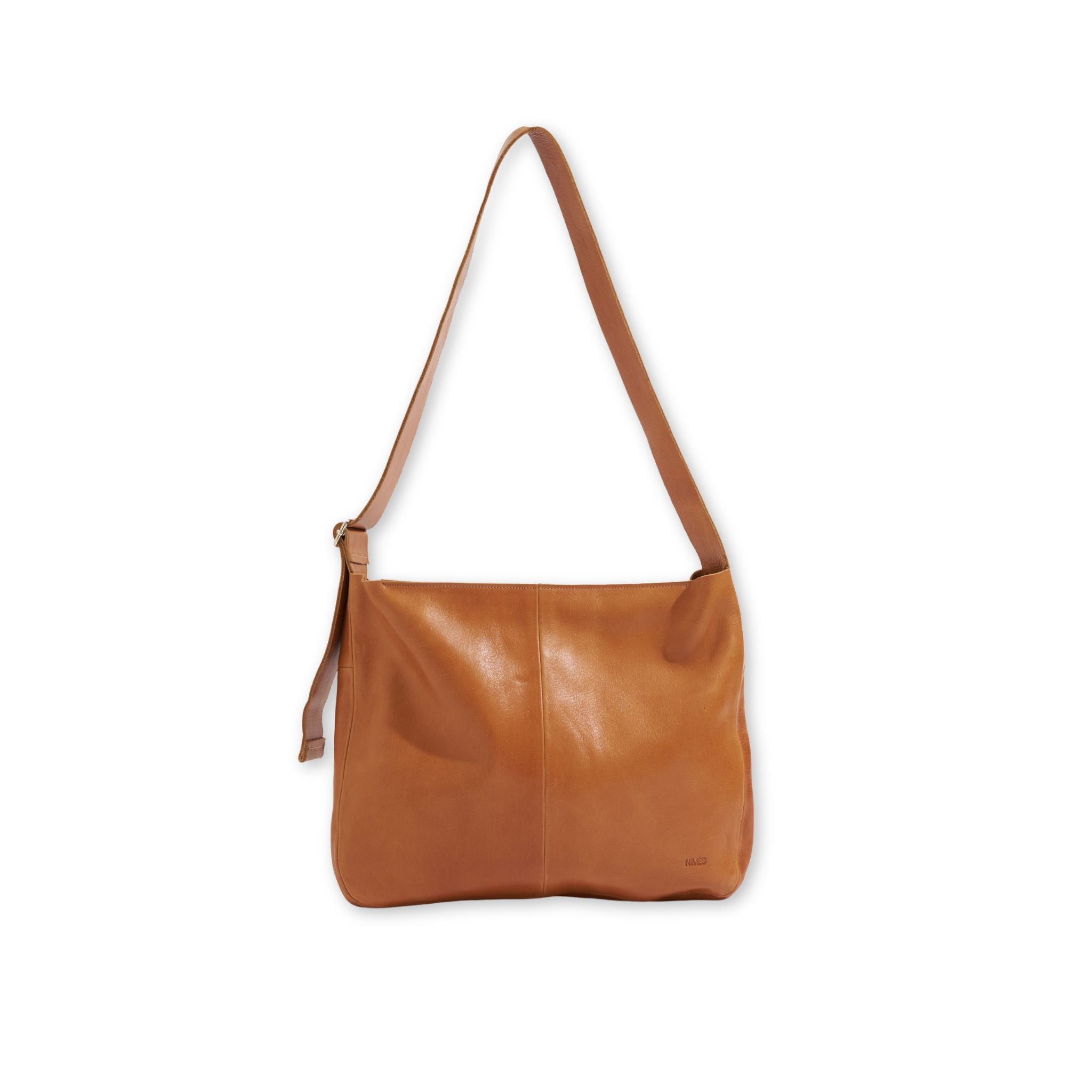 Brown leather messenger bag on a white background