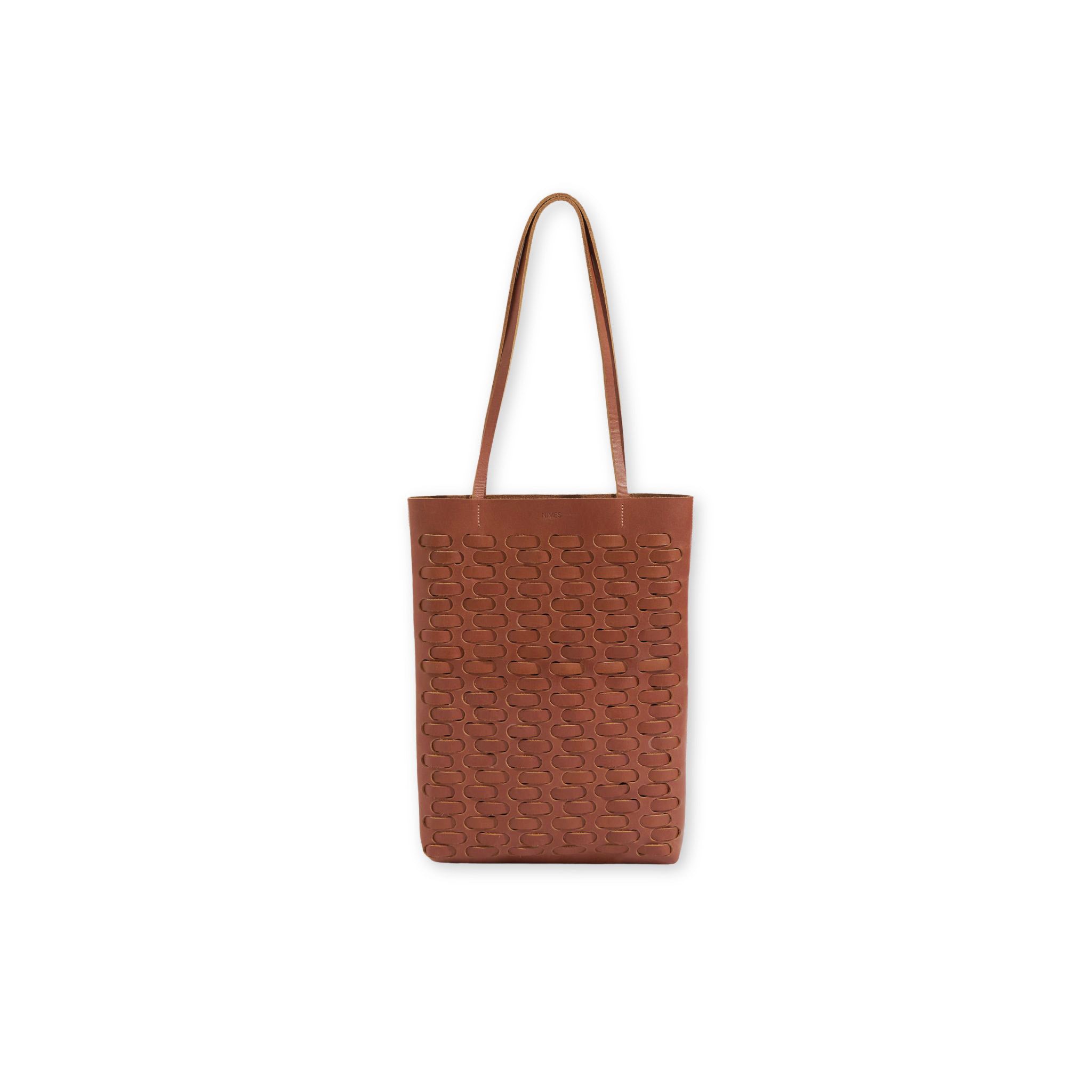 Brown textured weave tote bag on a white background