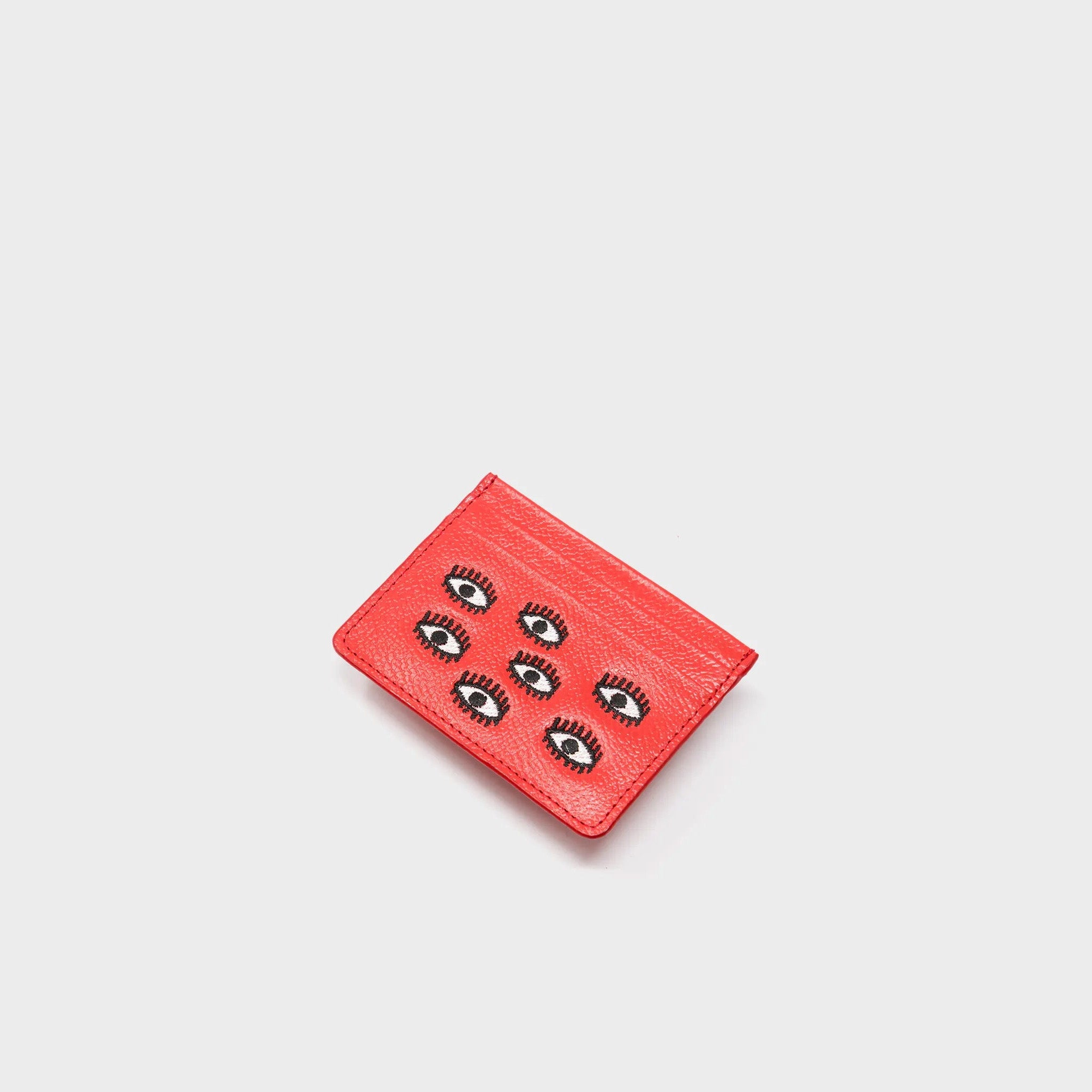 Min & Mon's Filium Poppy Red Leather Cardholder - All Over Eyes Embroidery