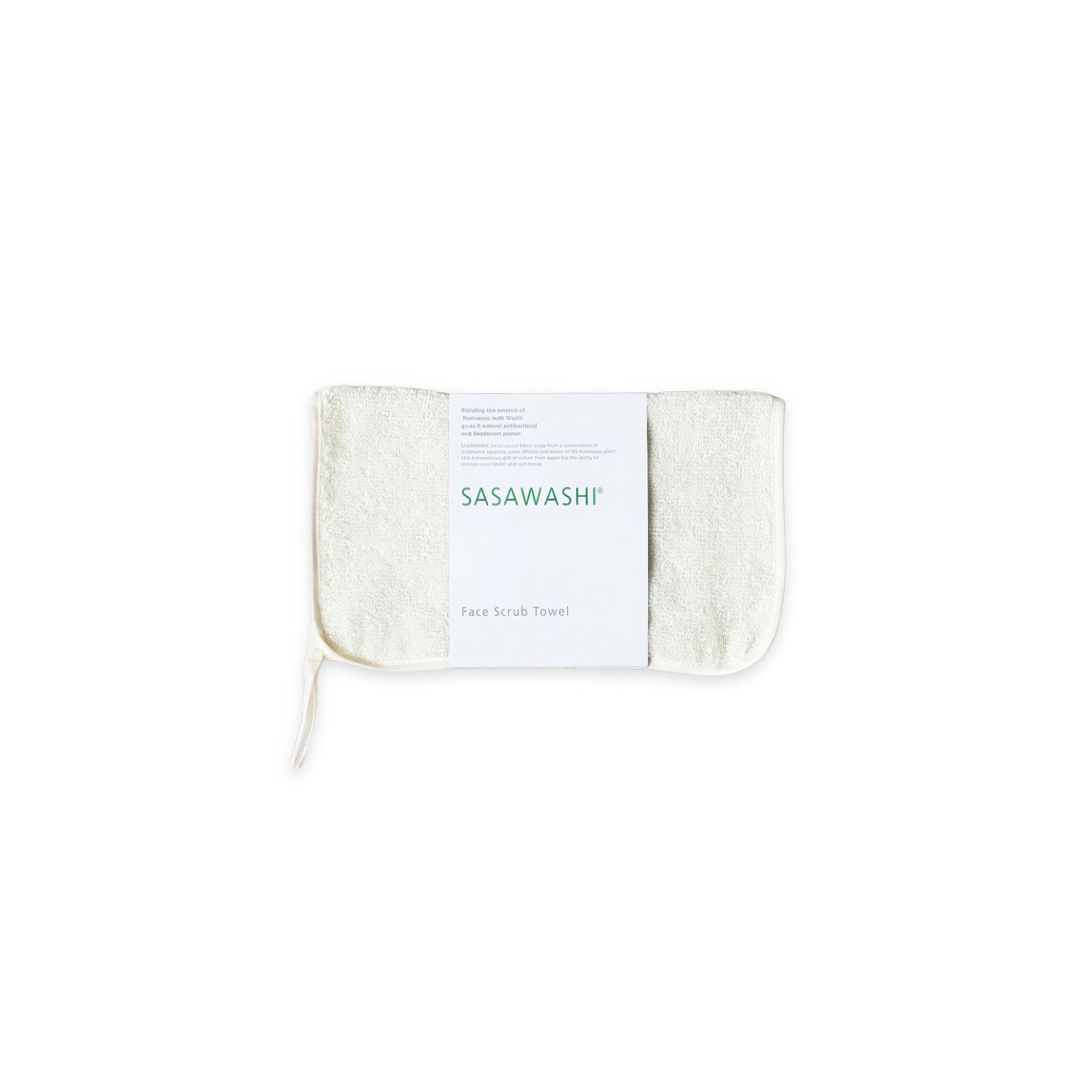 Front view of Morihata's Sasawashi Face Scrub Towel packaged