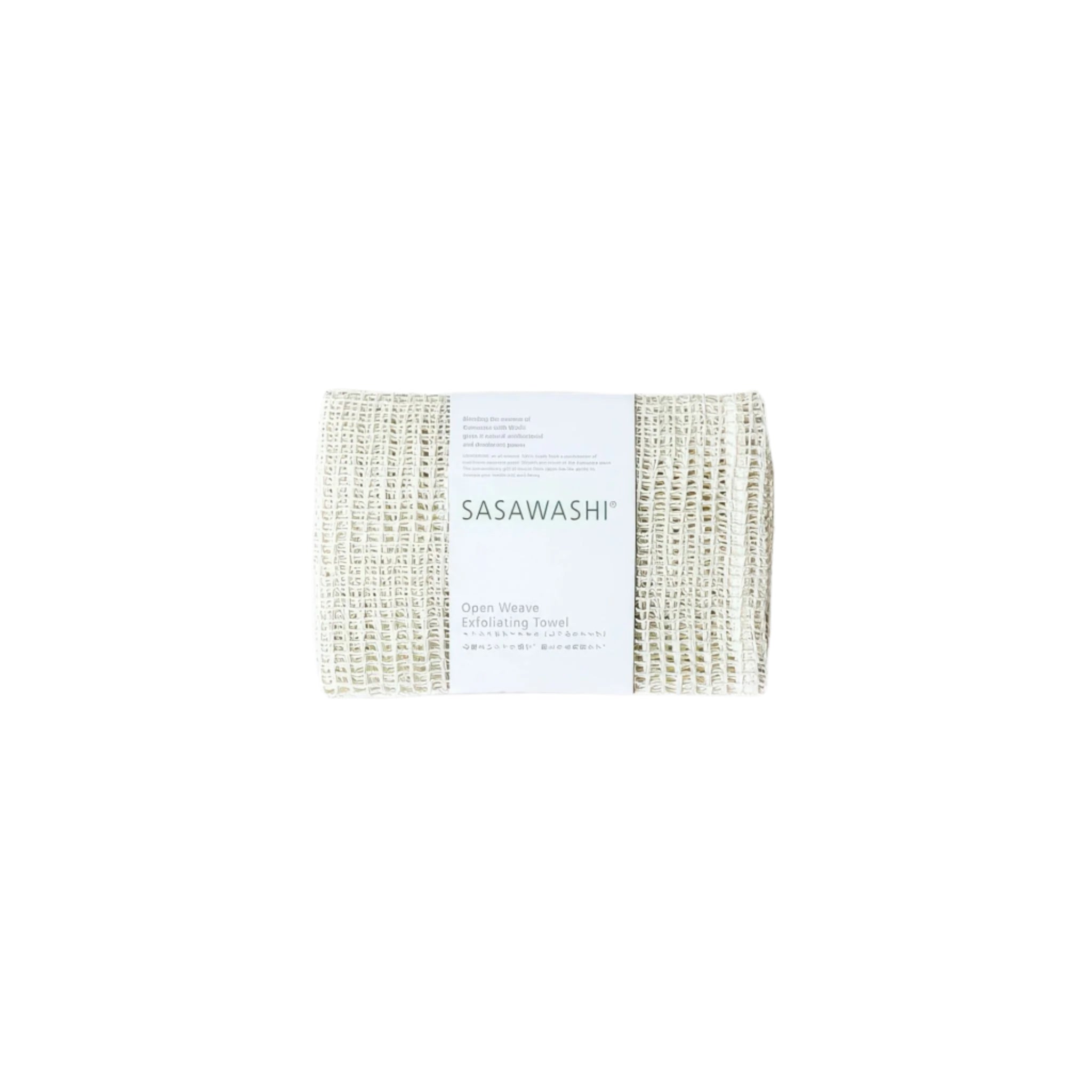 Sasawashi open weave exfoliating towel enclosed in the product riboon