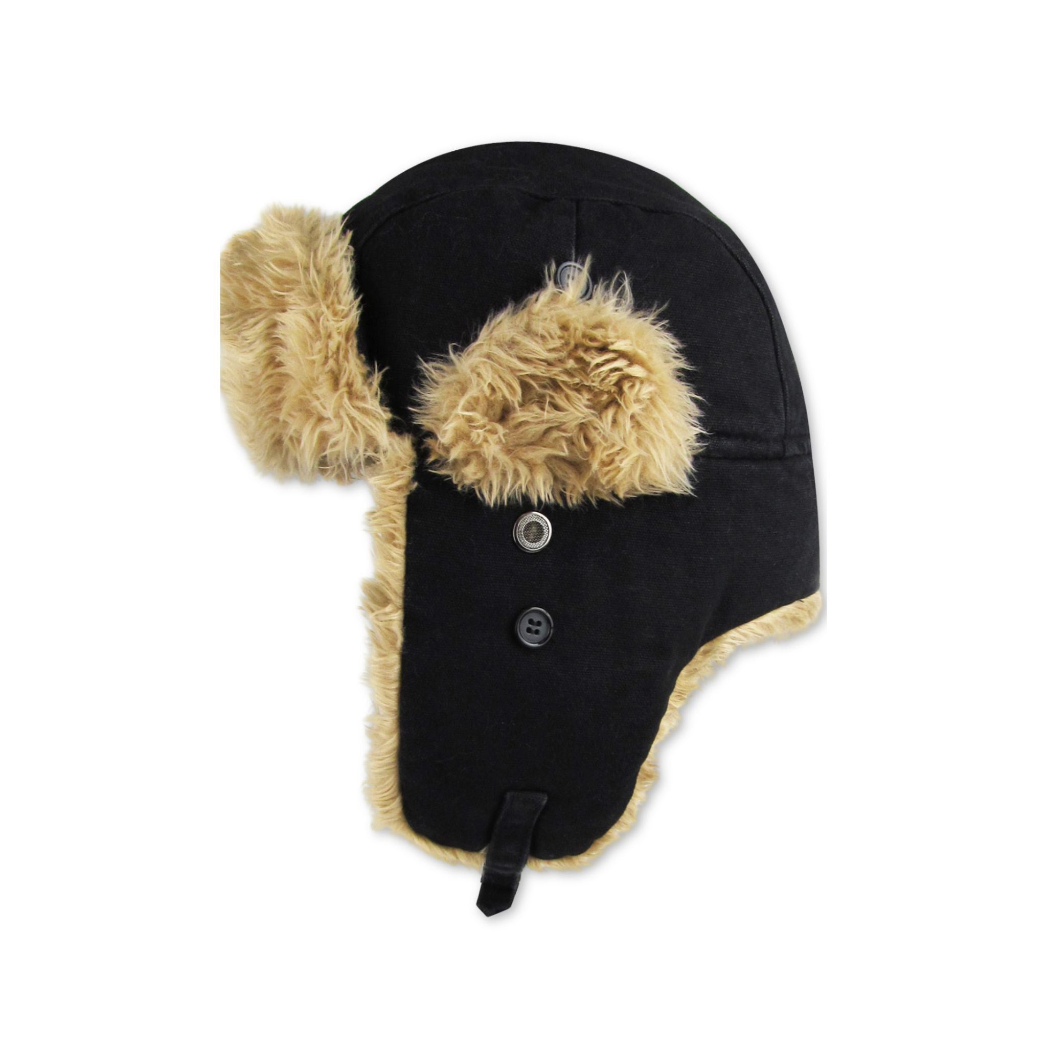 Black canvas trapper with beige and brown fur ear flaps on a white background