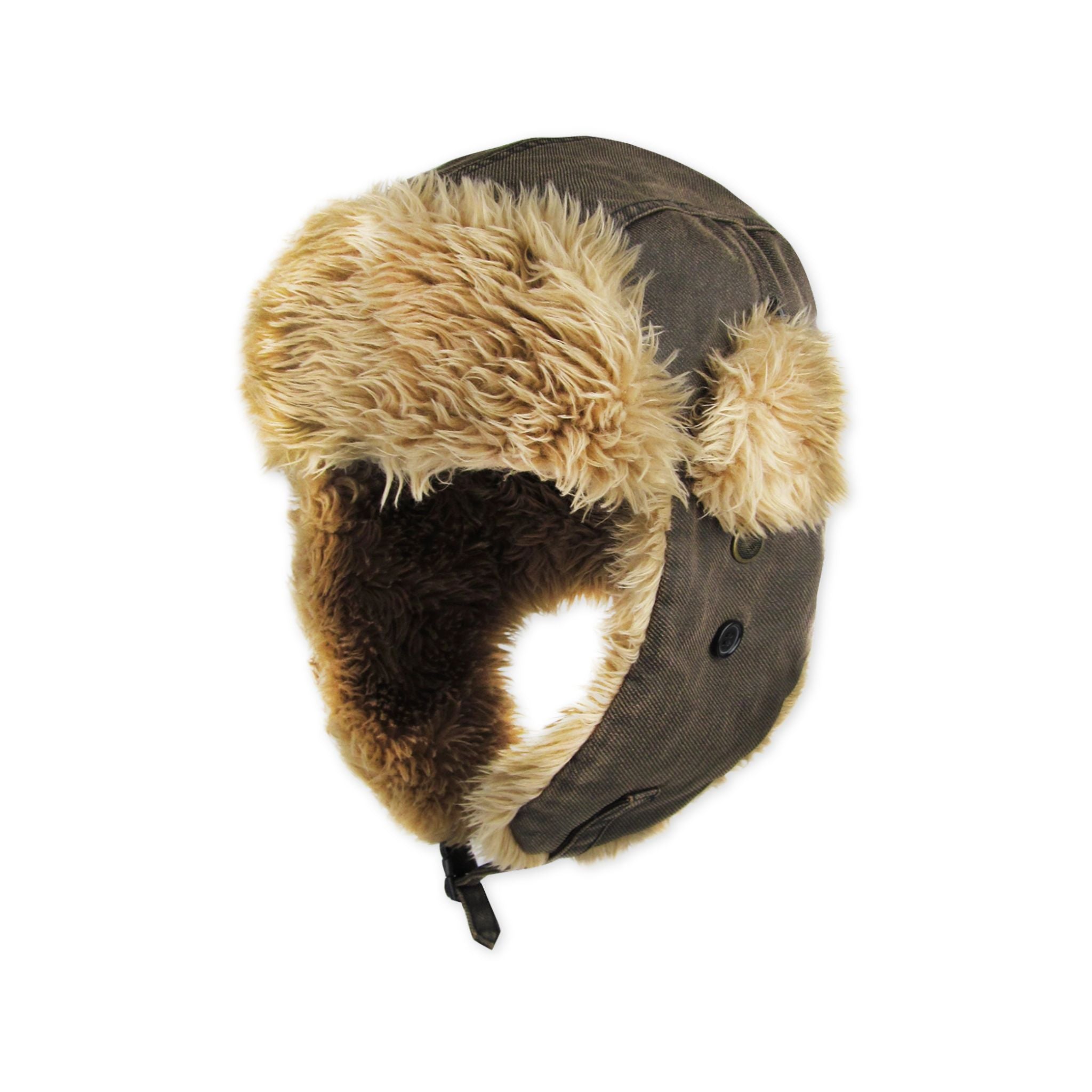 Brown canvas trapper with beige and brown fur ear flaps on a white background