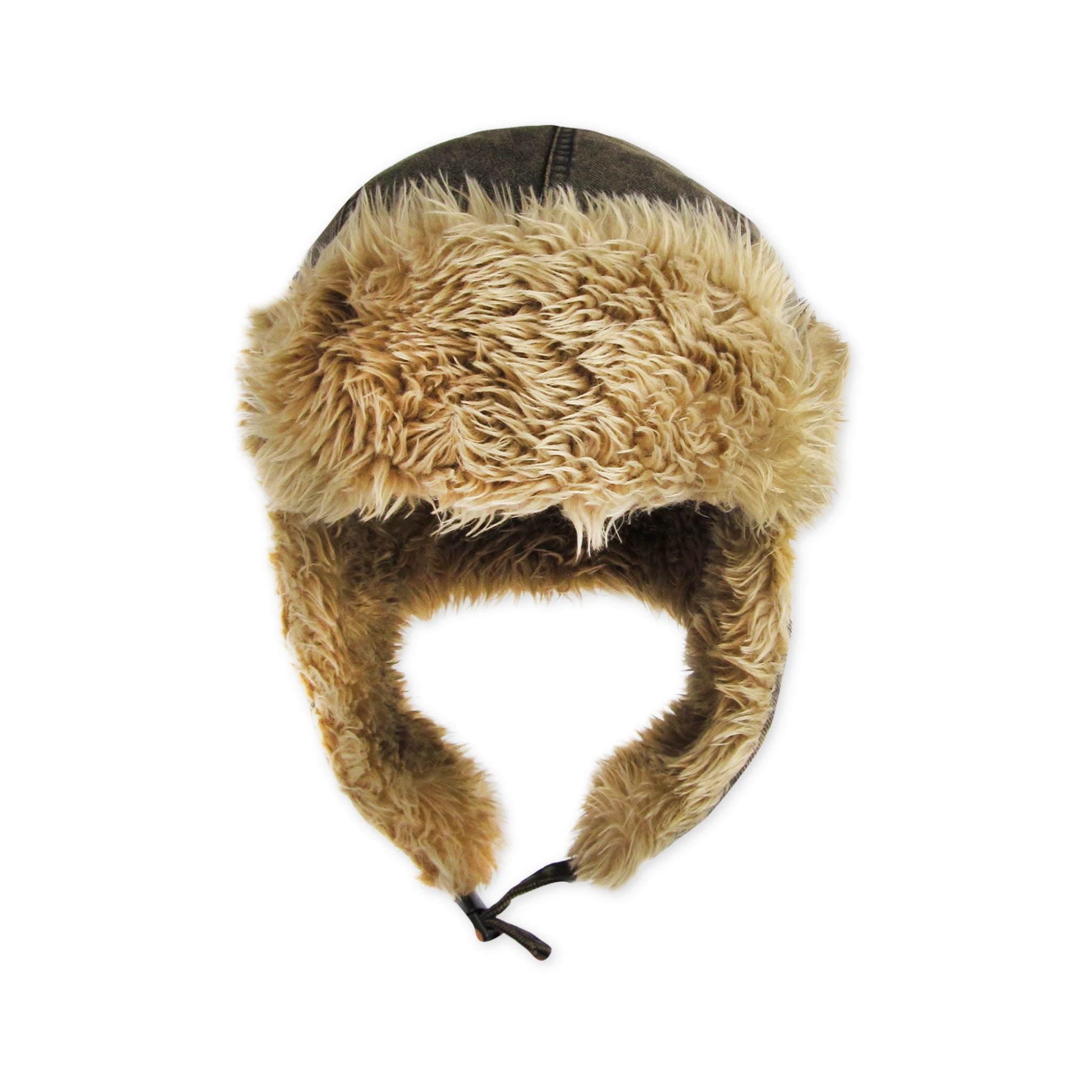 Brown canvas trapper with beige and brown fur ear flaps on a white background