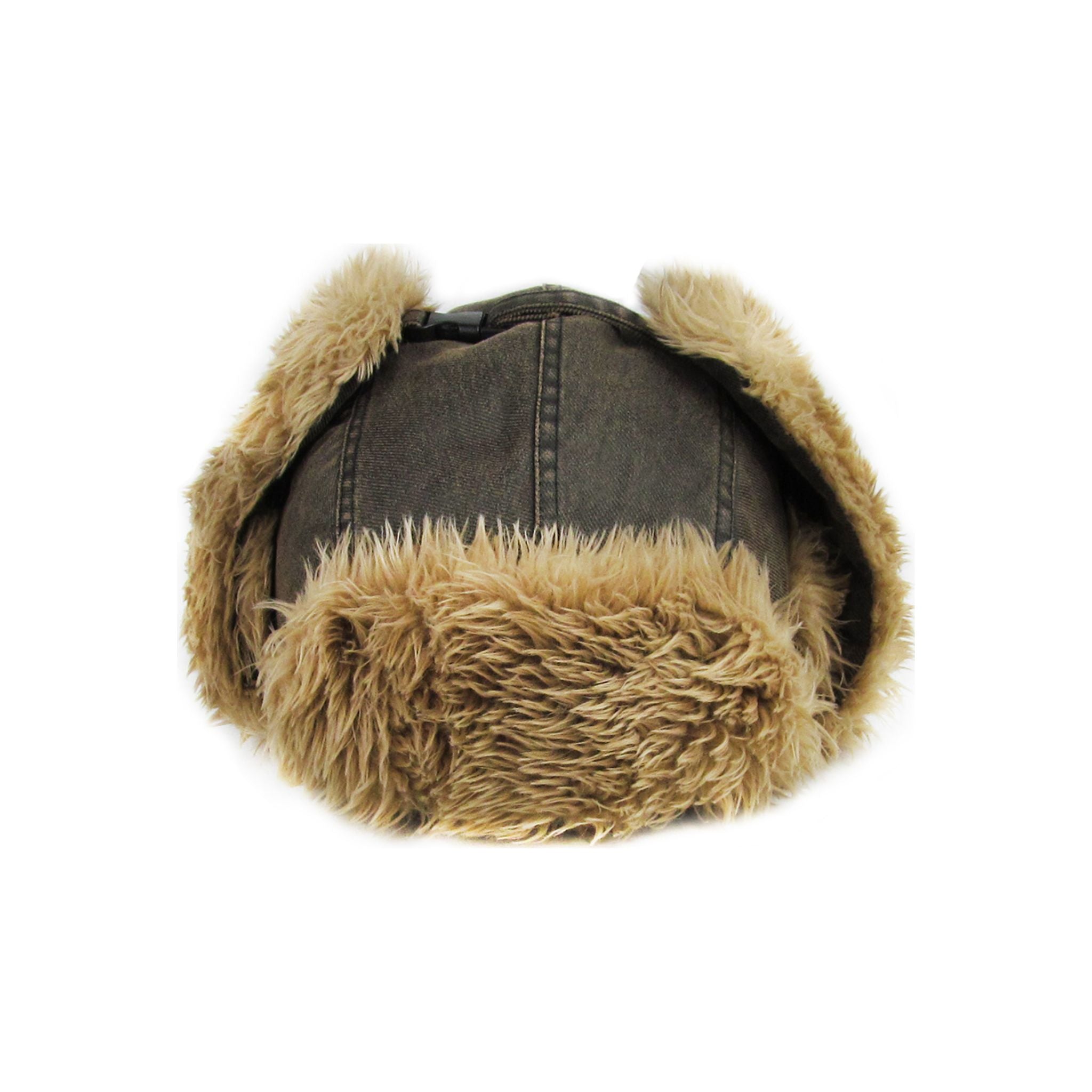 Brown canvas trapper with beige fur ear muffs on a white background