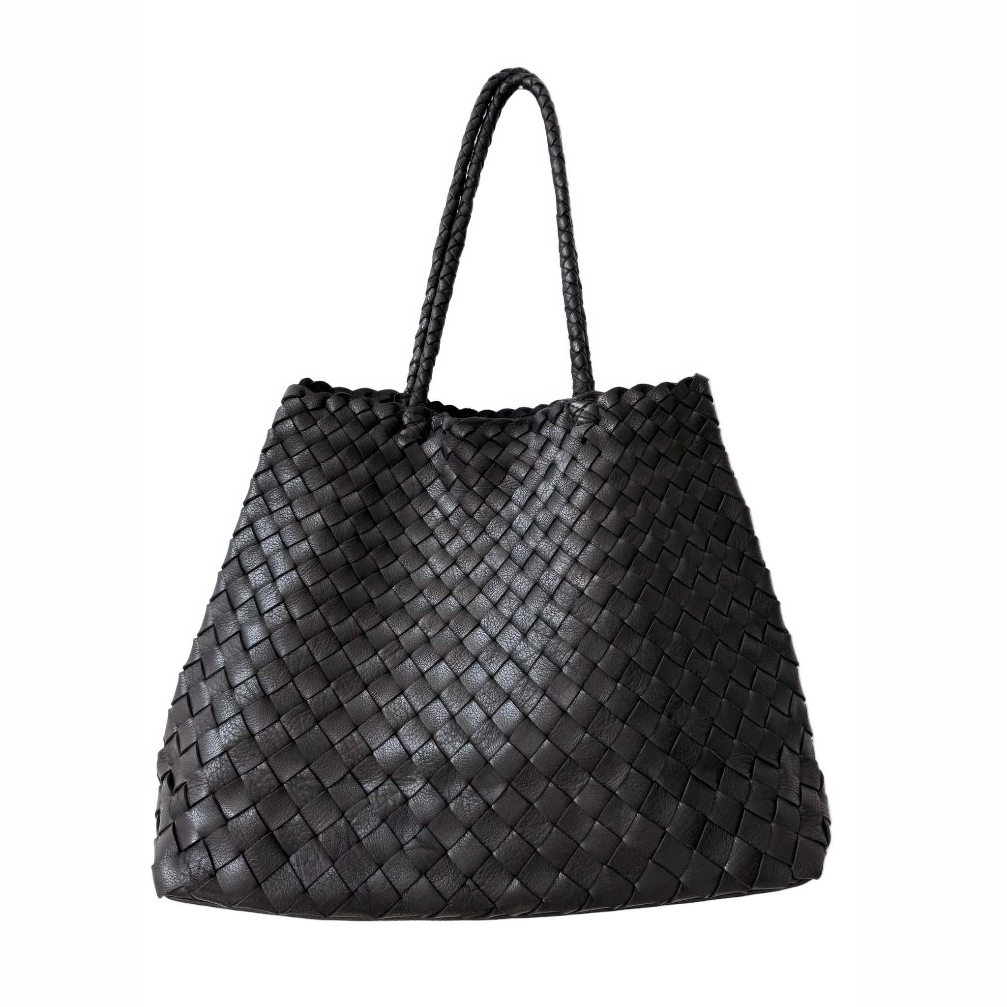 A black woven leather tote bag with two braided shoulder straps, shown against a plain white background.