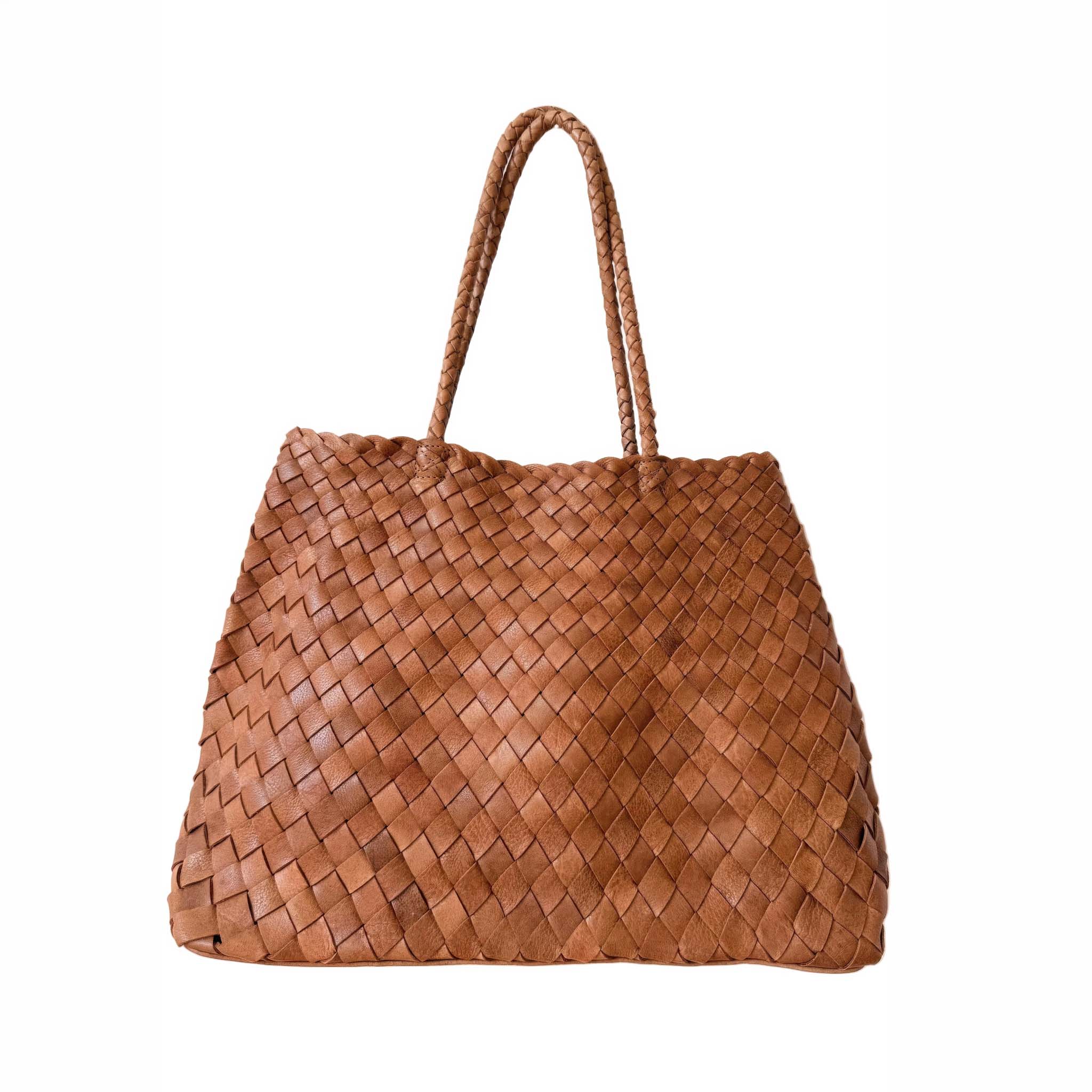 A brown woven leather tote bag with braided shoulder straps, shown against a plain white background.