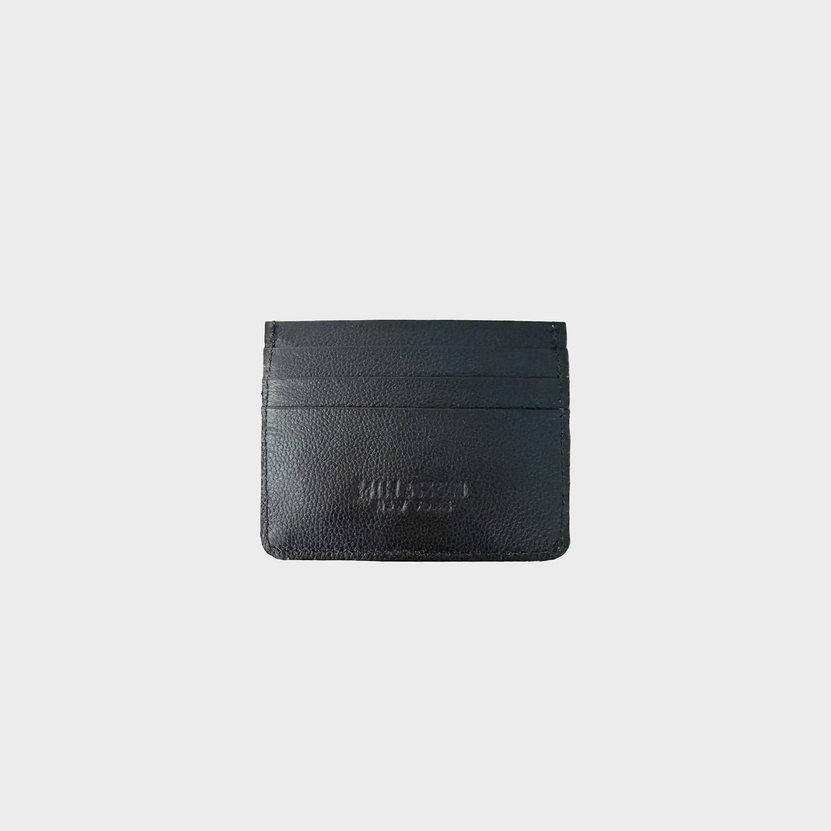 Black textured leather card holder wallet with debossed branding, centered on a light gray background.