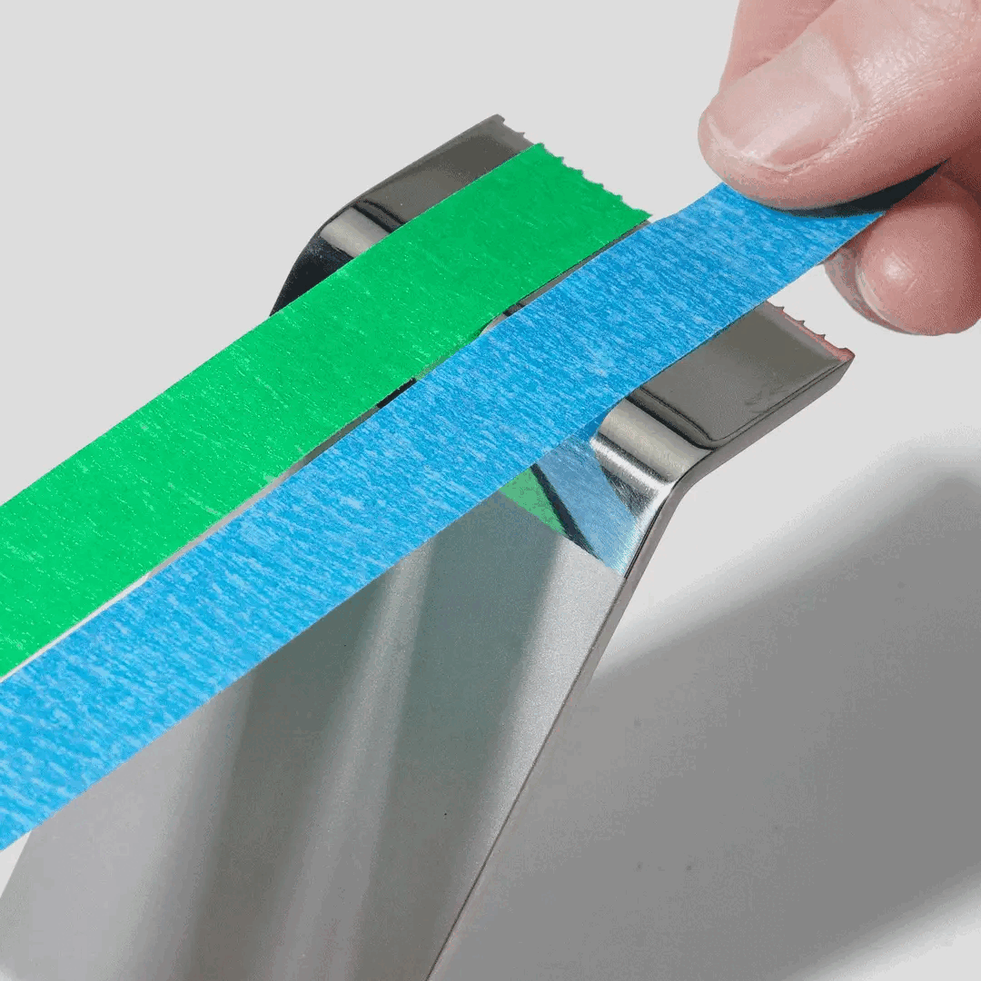 Animation showing a person cutting a piece of blue tape using the Multi Radius Tape Dispenser
