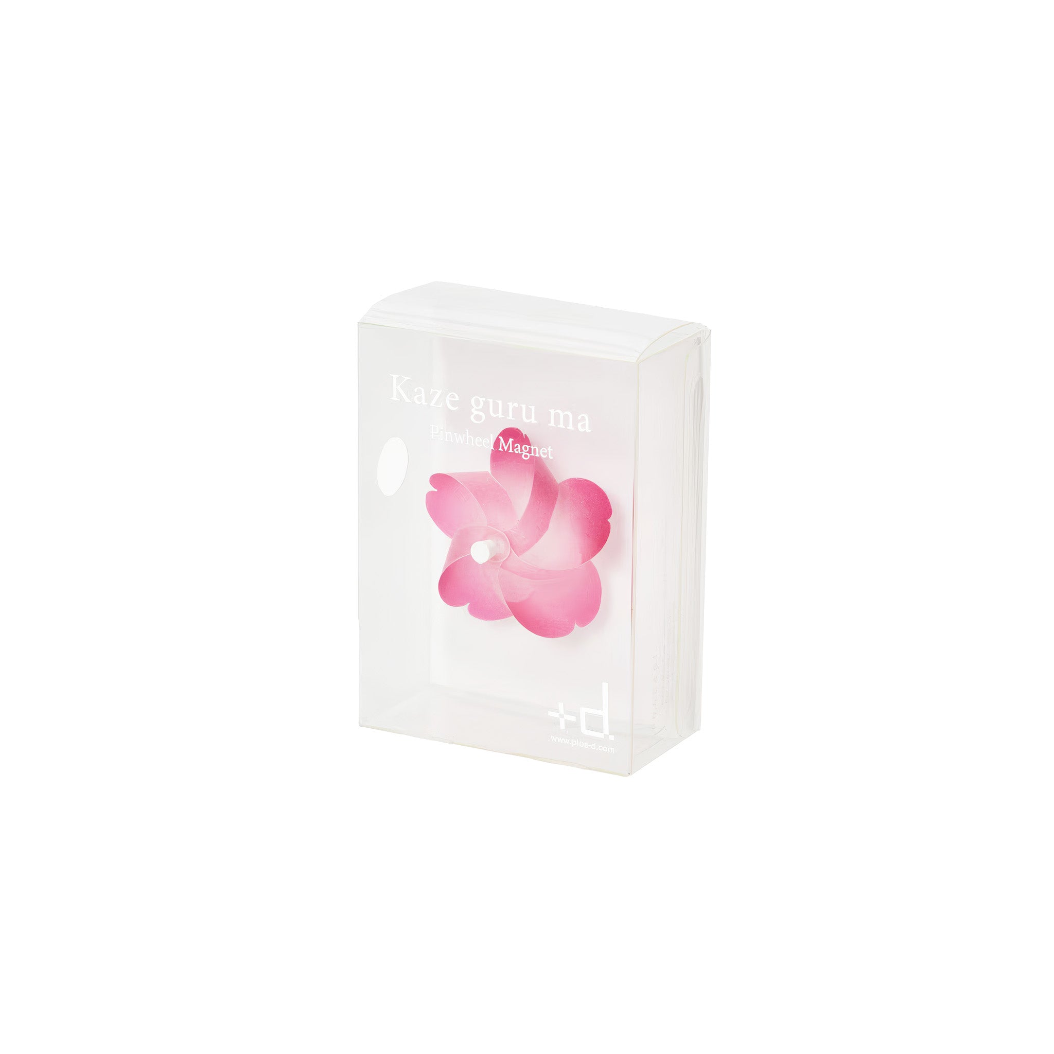 White clear packaging with a pink cherry flower pinwheel on a white background