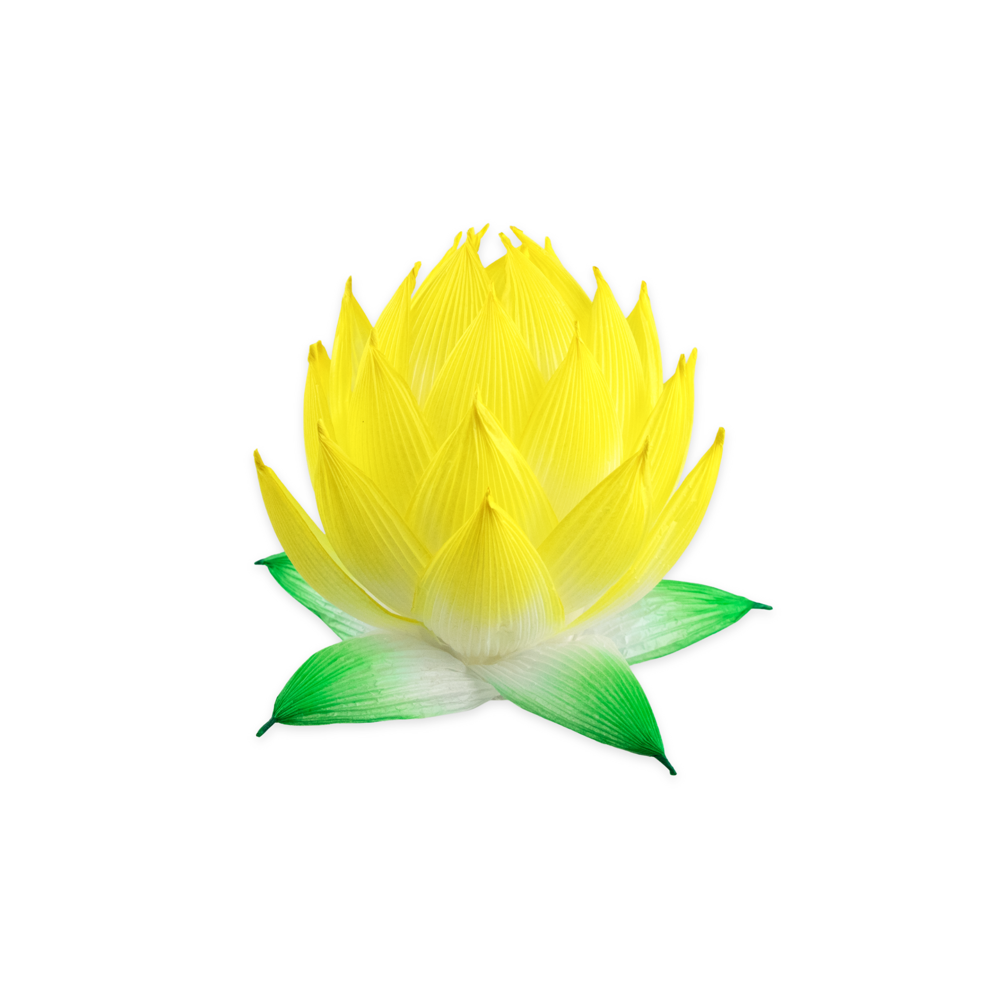 Yellow hombre handmade paper lotus lantern with green-tipped leaves, crafted in a layered petal design.