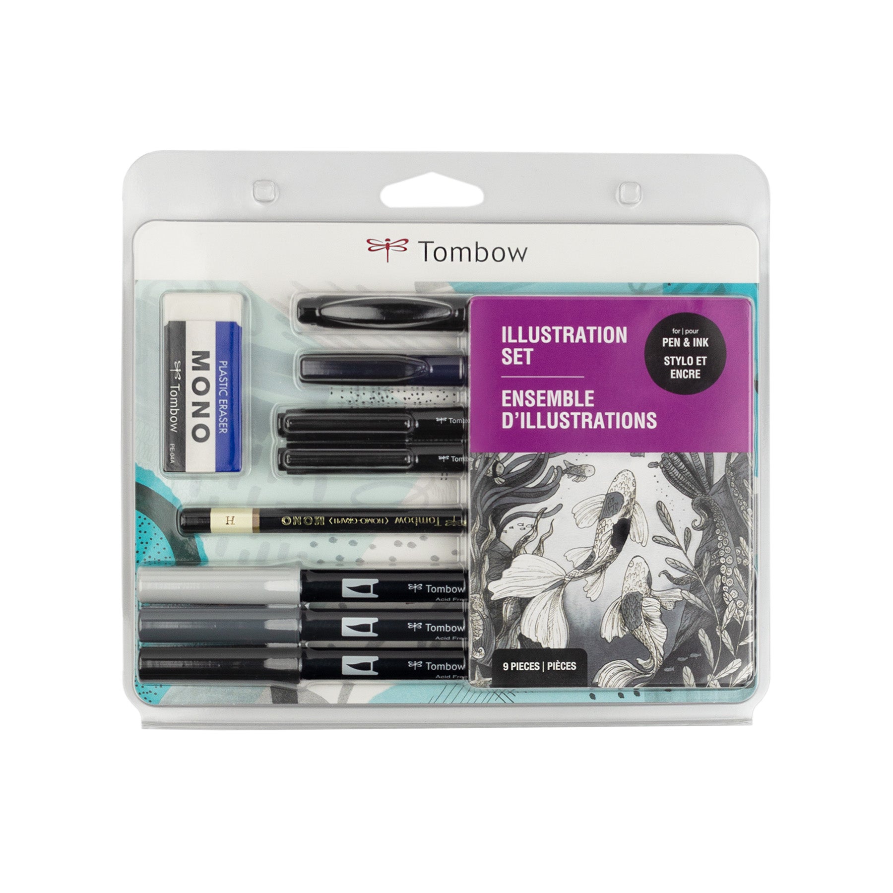 Tombow illustration set packaging with pens and ink on a white background