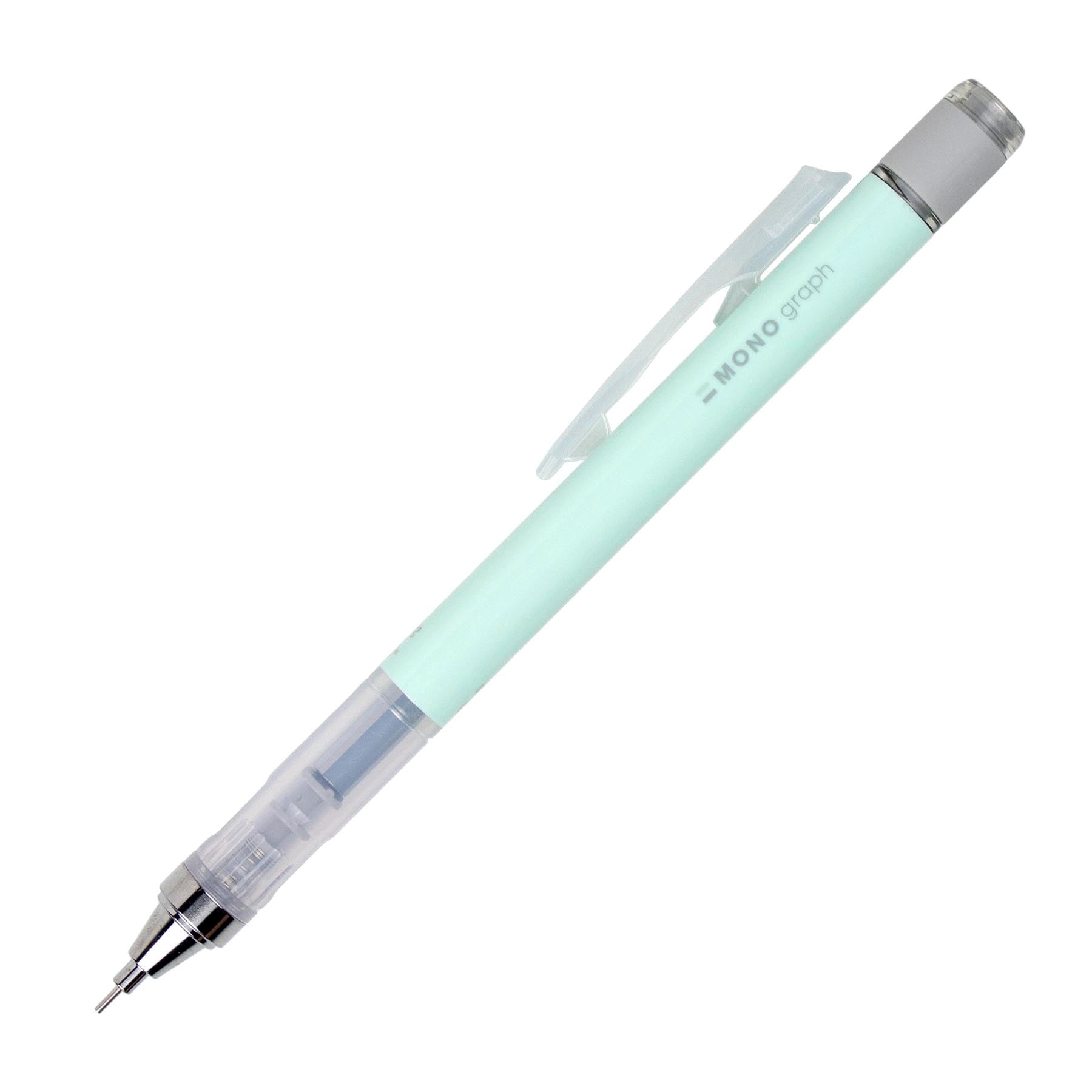 Pastel mint green mechanical pencil and silver accents on a white background