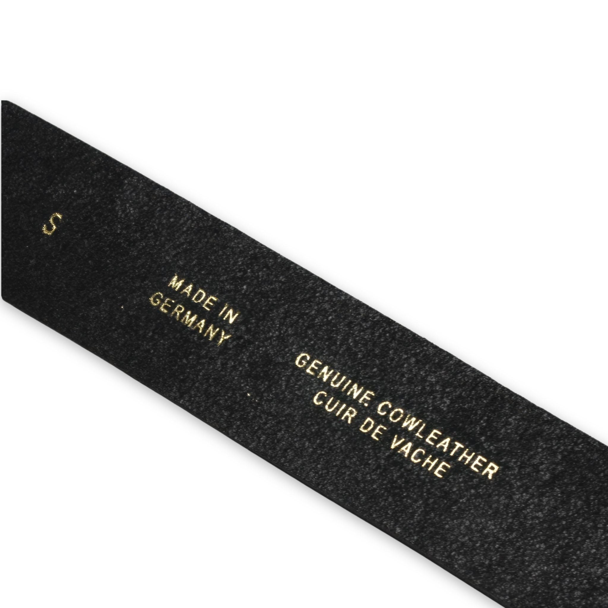 Black leather belt with gold text indicating 'Made in Germany' and 'Genuine Cowleather'.