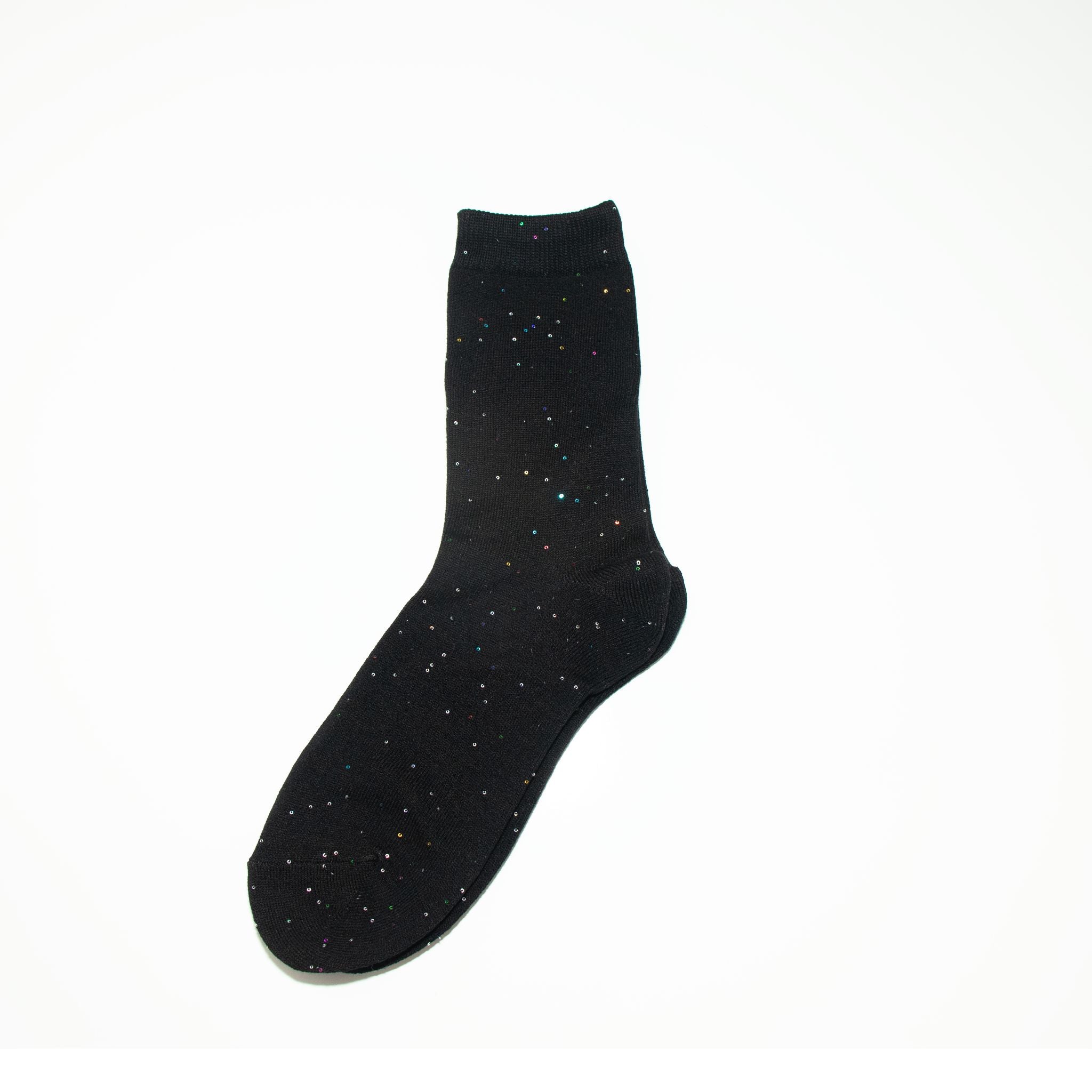 Black sock with colored sparkles on a white background