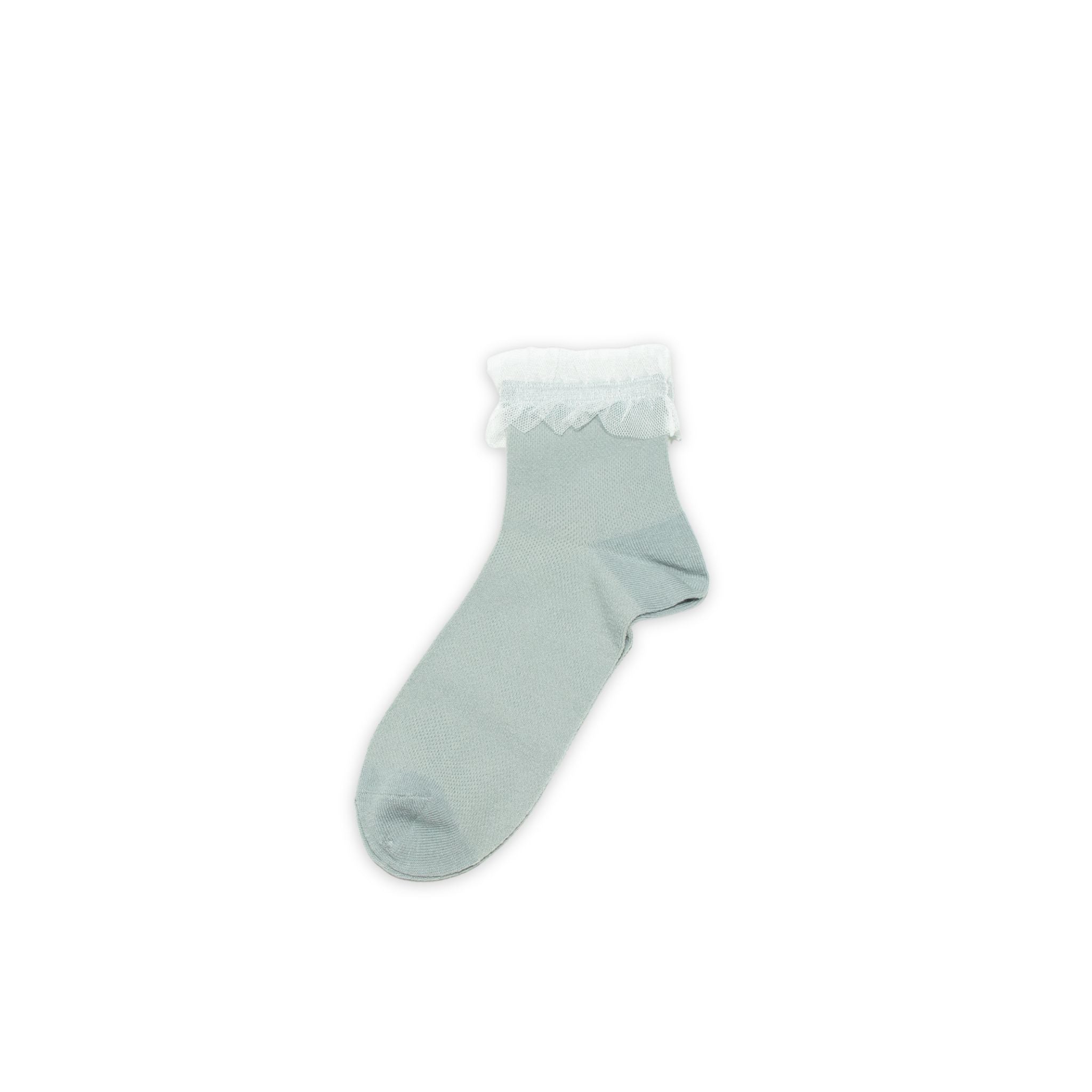 Light blue sock with white tulle trim on a white background