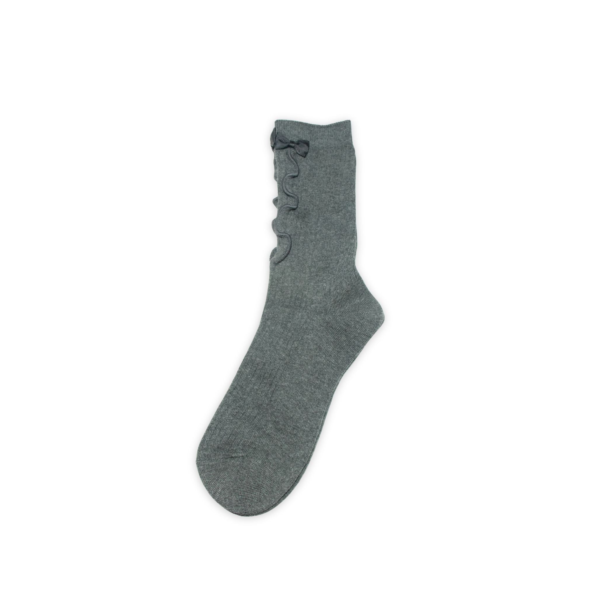Dark gray sock with matching ruffled top and ribbon on a white background