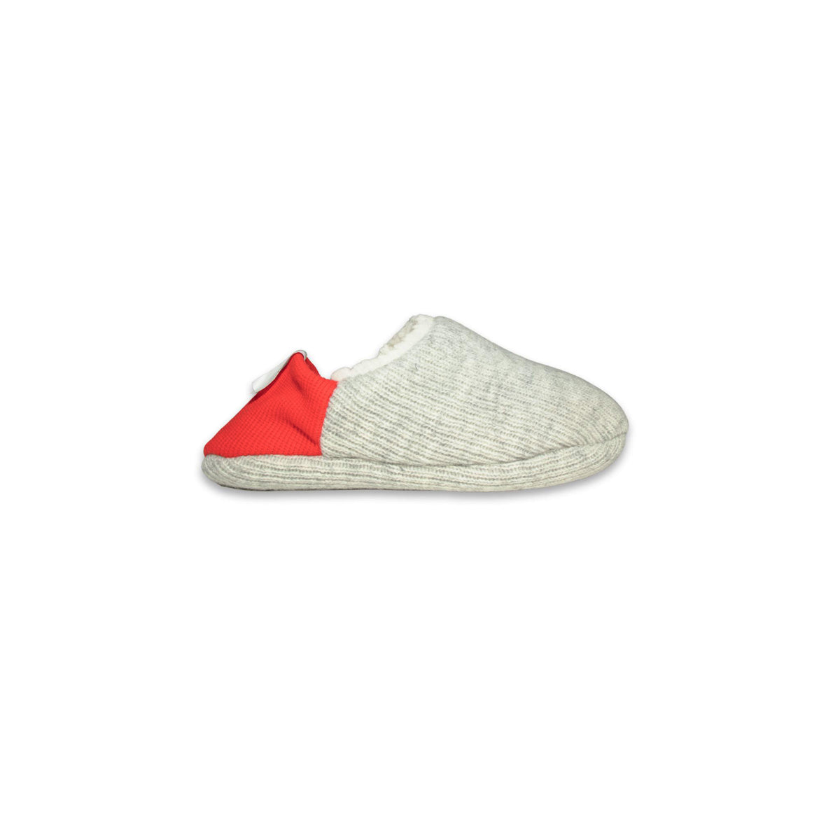 Side view of grey colored slippers with red trim on a white background