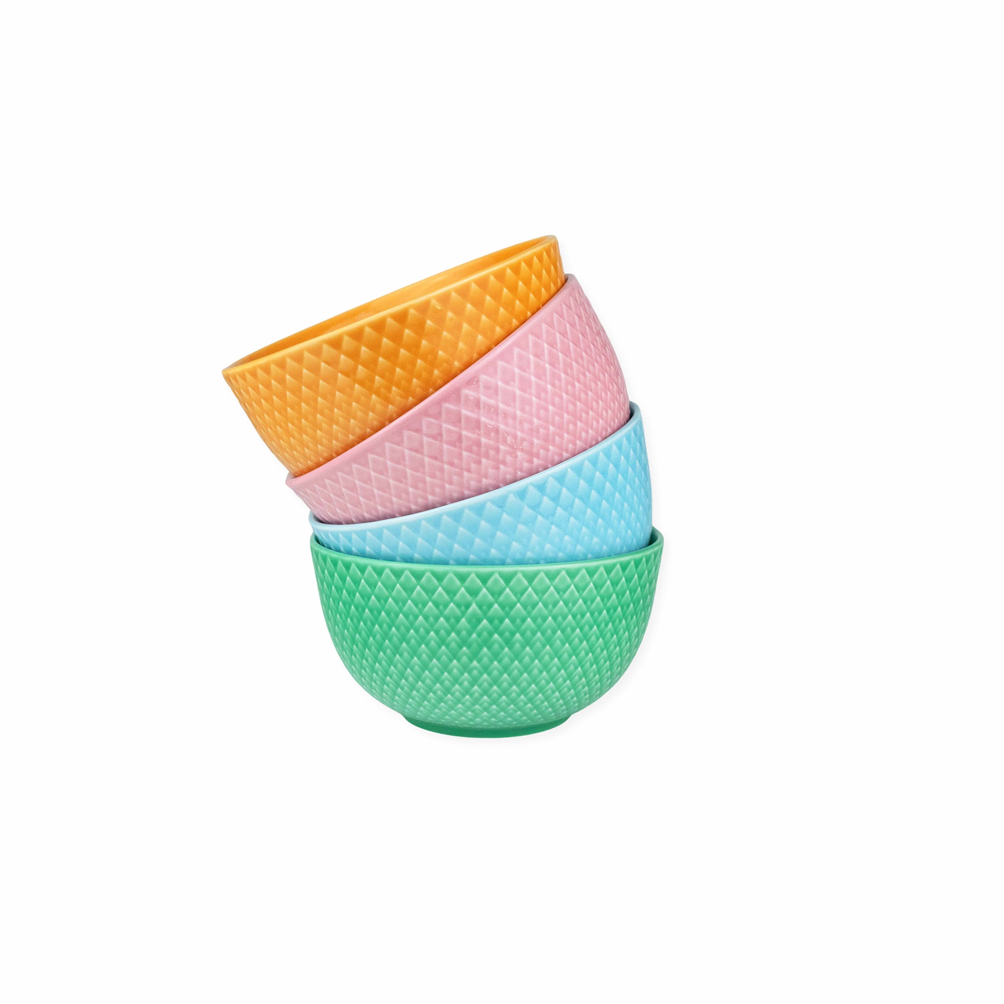 Stack of four colorful textured bowls on a white background