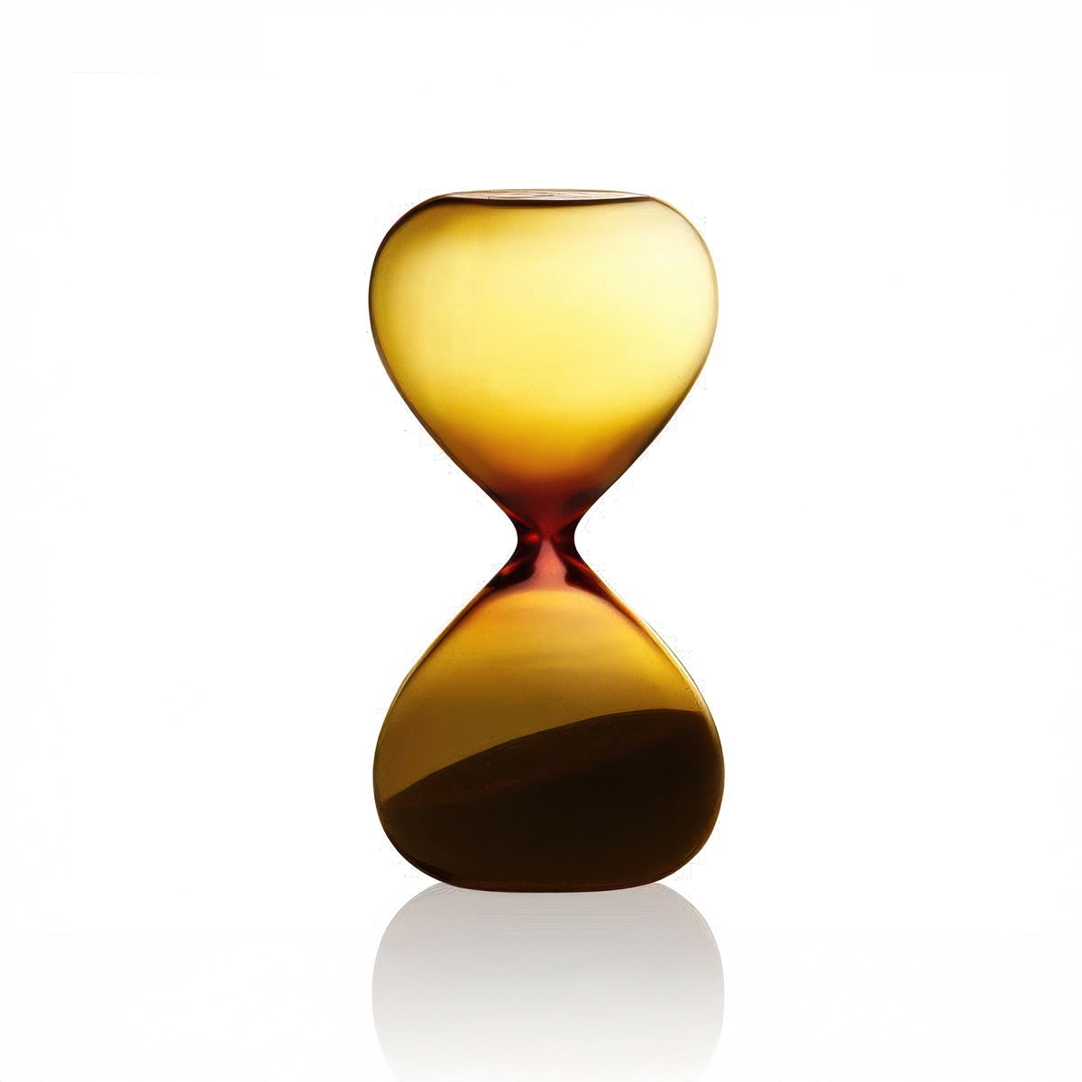 Amber-colored hourglass glass vase on a white background