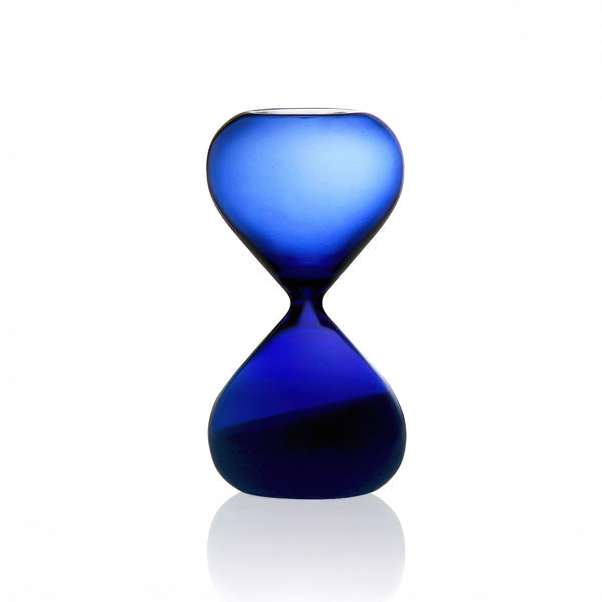 Blue-colored hourglass glass vase on a white background