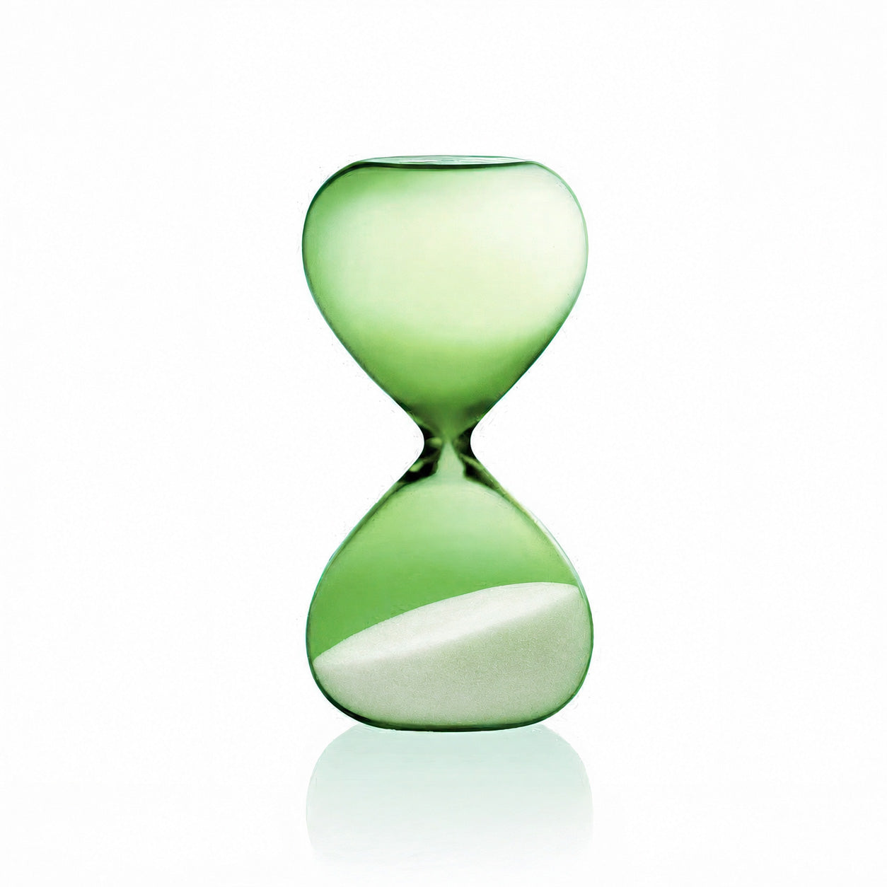 A translucent light green glass hourglass with a white sand fill in the lower chamber, set against a clean white background with a soft reflection below.