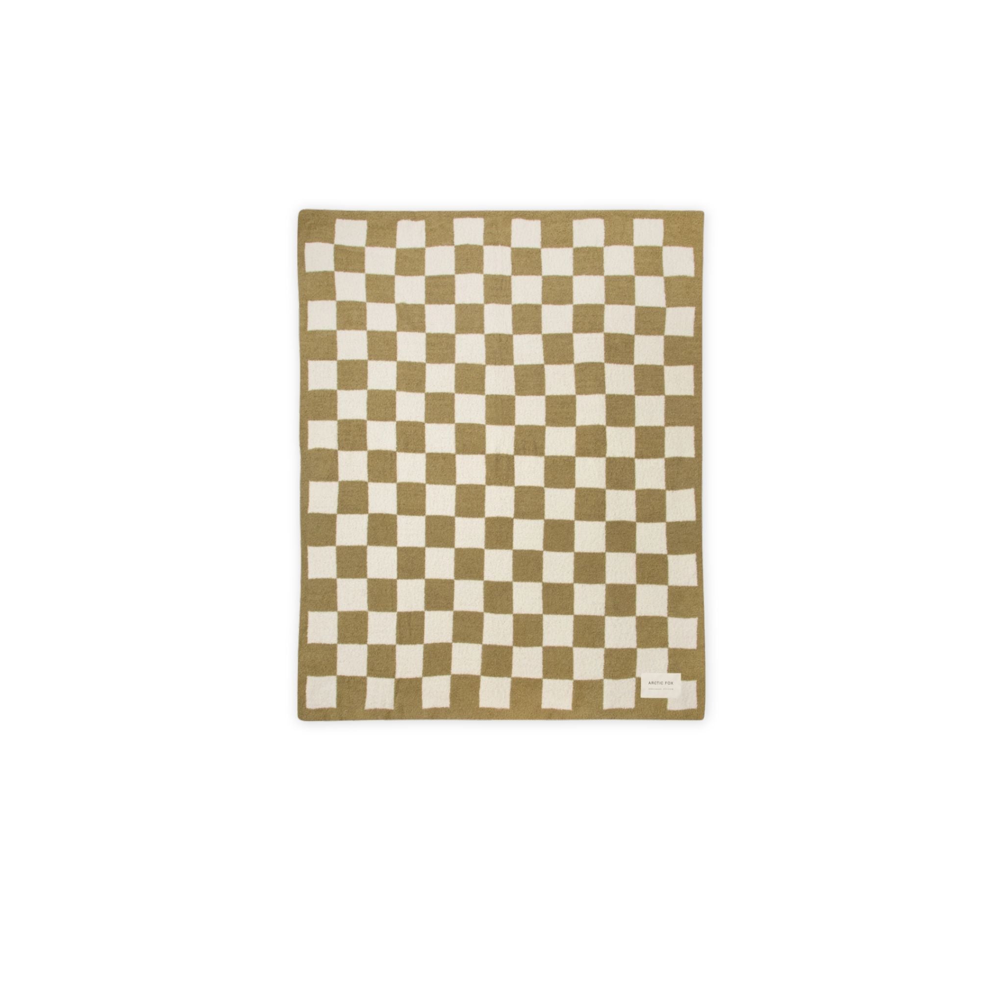 Checkered throw blanket with moss green and white pattern on a white background