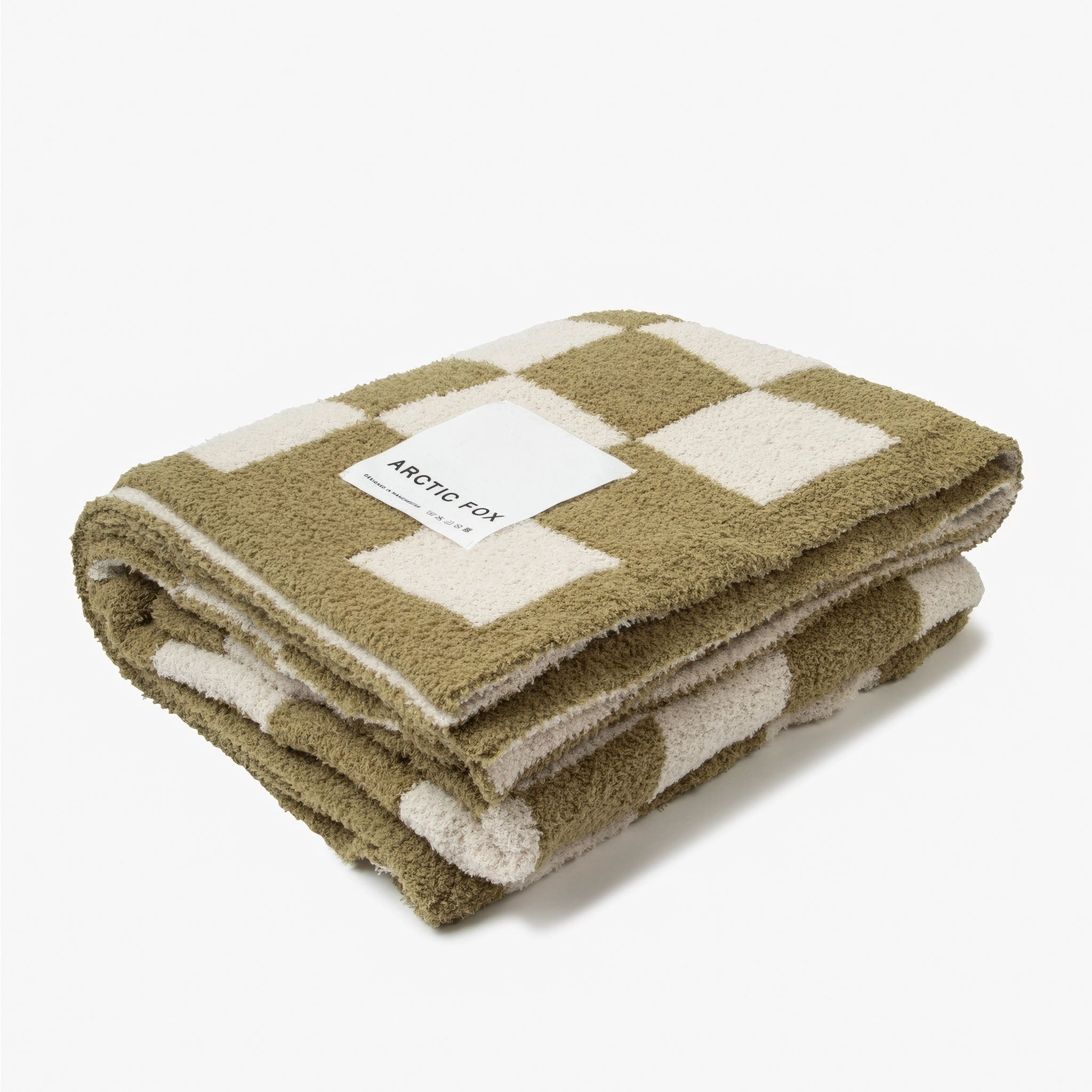 Folded checkered throw blanket with moss green and white pattern on a white background