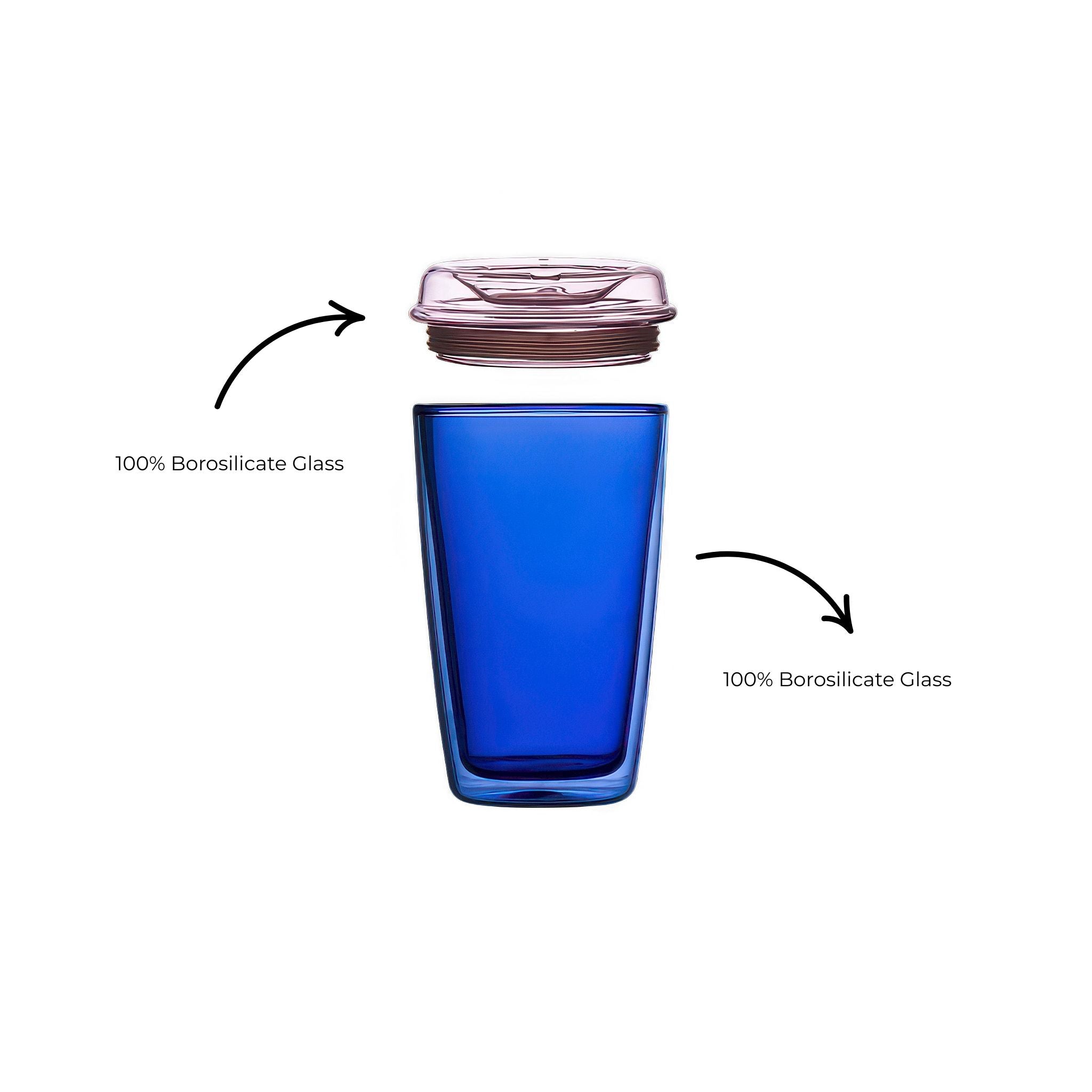 Full front view of MAHO Sensory's Cuddle Cup Twilight with lid top open and text to inform that both lid and cup are made of 100% borosilicate glass