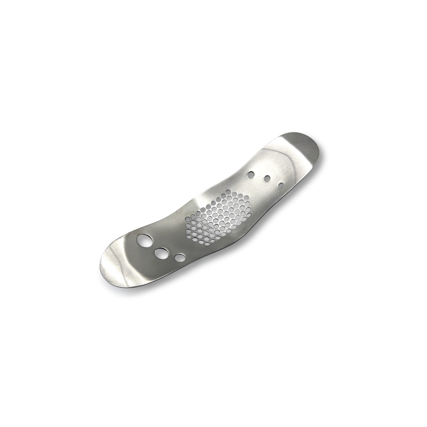 Metallic garlic press / herb stripper on a white background