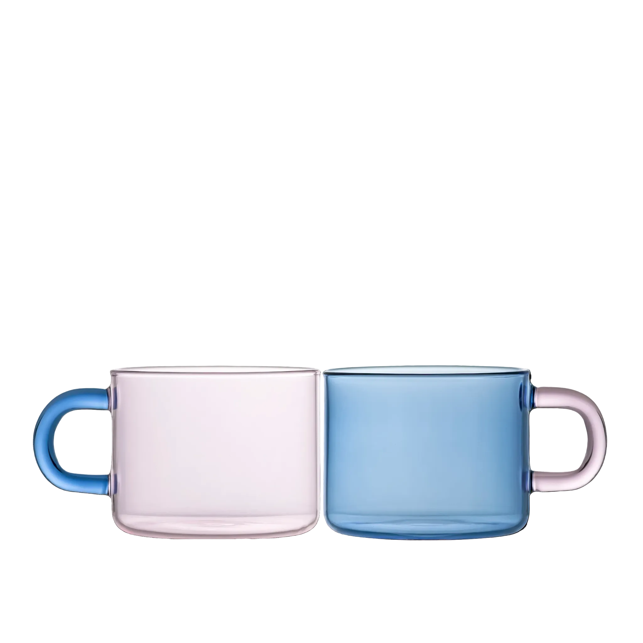 Two translucent glass mugs with handles, one pale pink and one light blue, shown side by side on a plain white background.