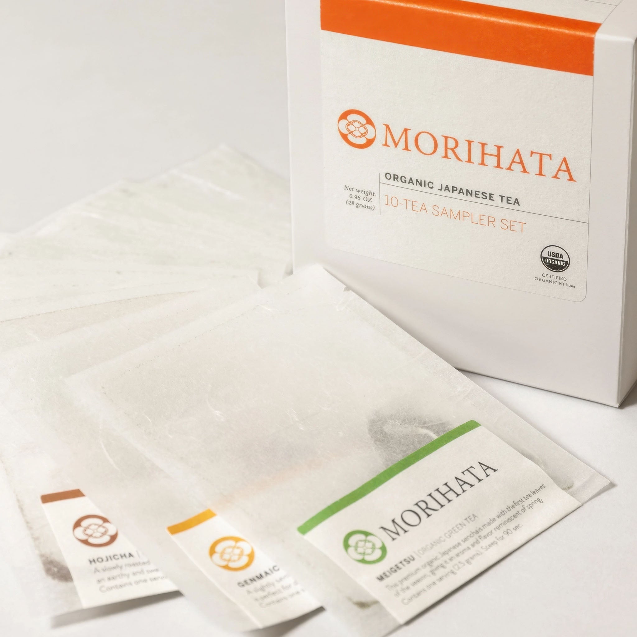 Morihata organic Japanese tea sampler set on a white background